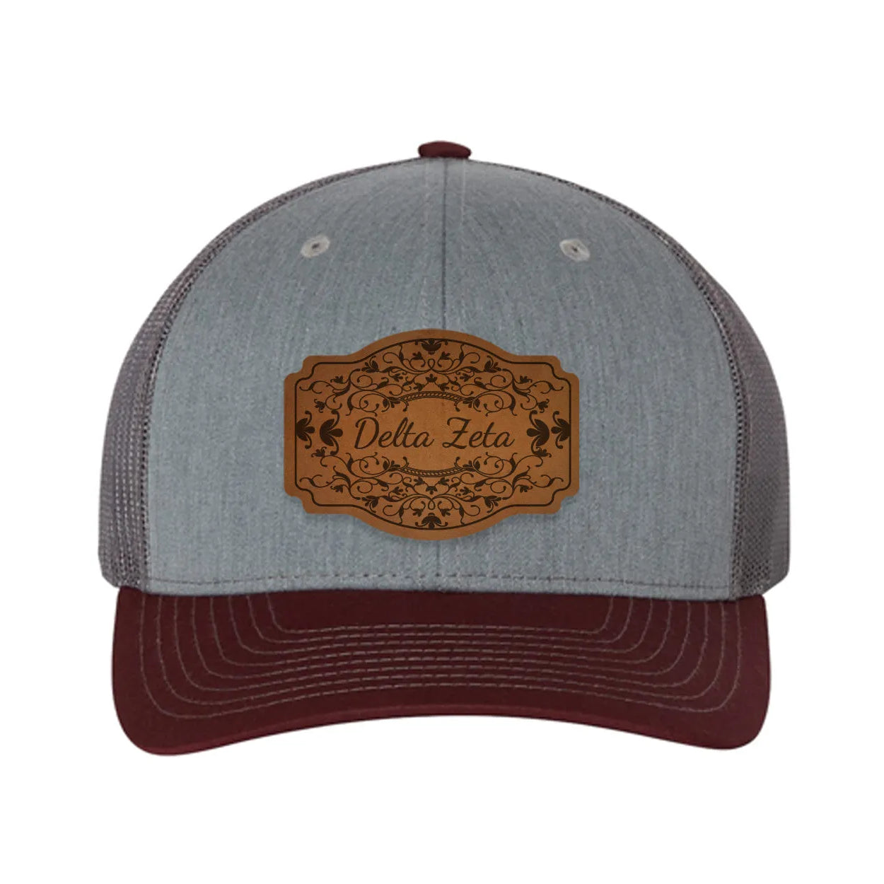 Delta Zeta Richardson 112 Leatherette Patch Trucker Hat - Scroll Heather Gray Charcoal Maroon Trucker Hat