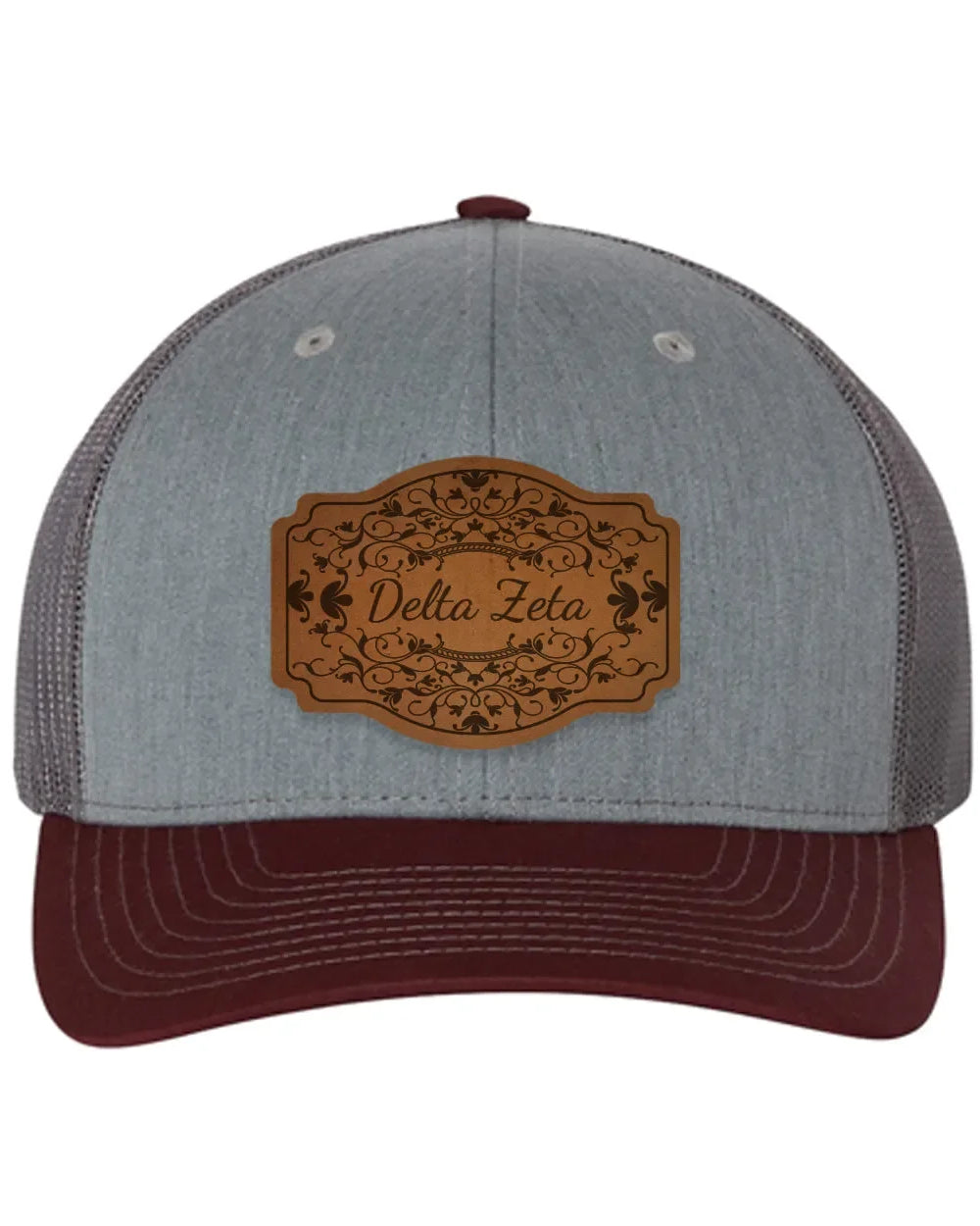 Delta Zeta Richardson 112 Leatherette Patch Trucker Hat - Scroll Heather Gray Charcoal Maroon Trucker Hat