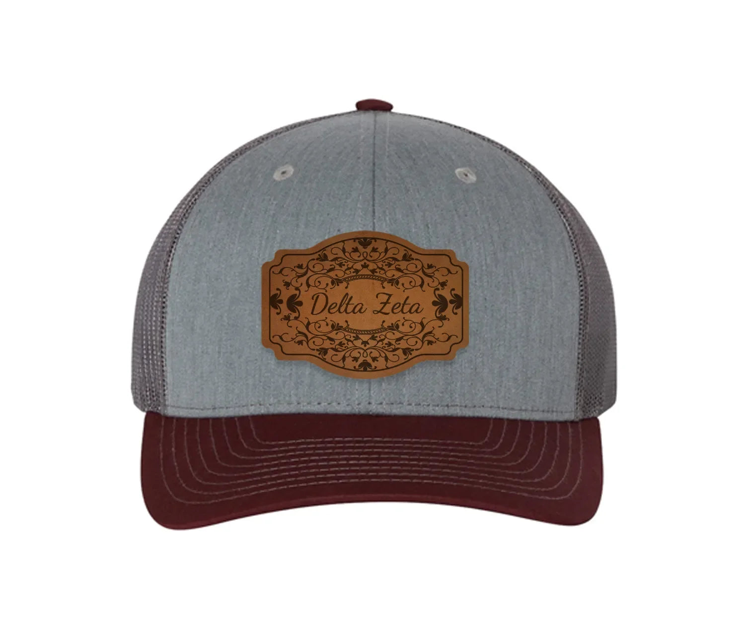 Delta Zeta Richardson 112 Leatherette Patch Trucker Hat - Scroll Heather Gray Charcoal Maroon Trucker Hat