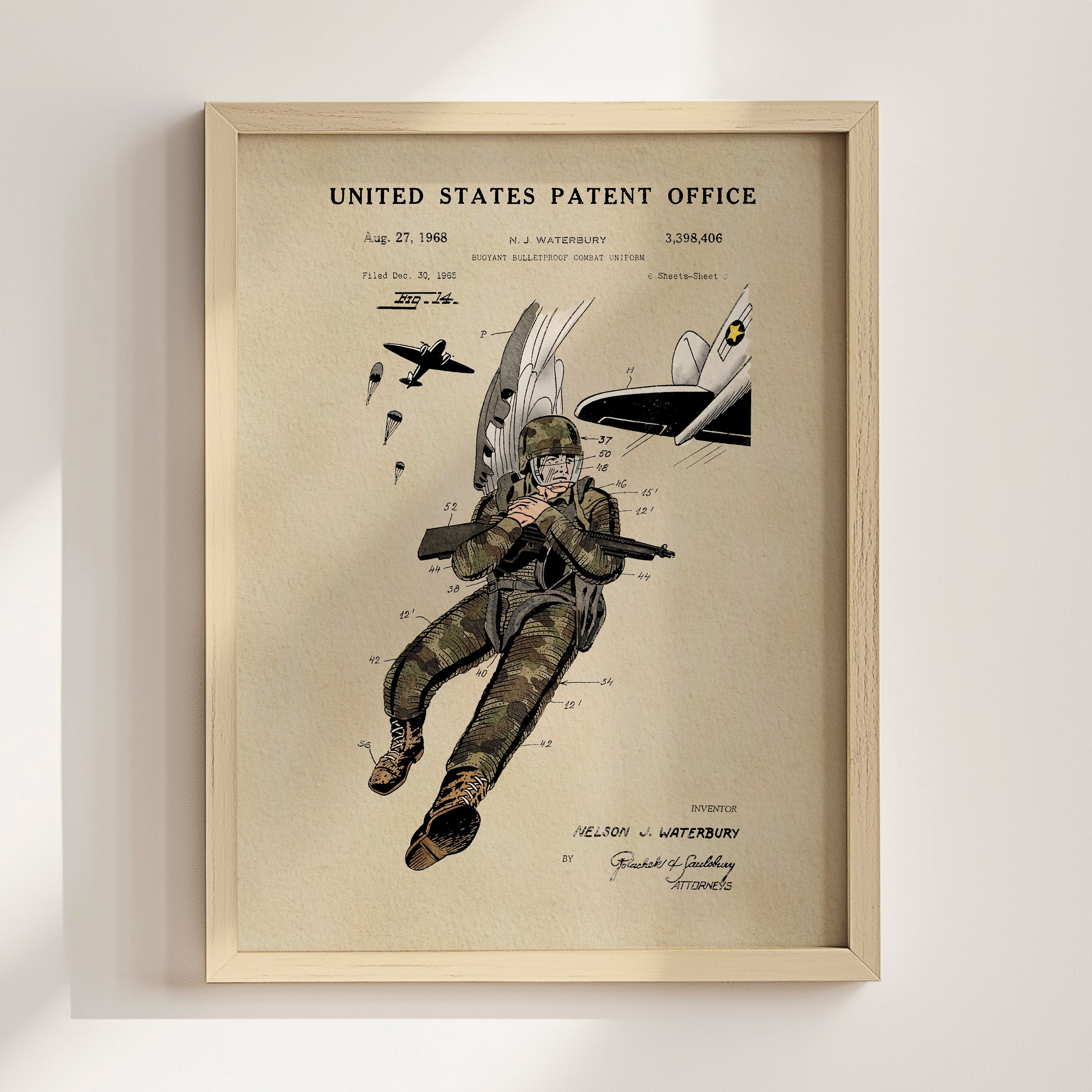 Combat Suit US Patent Art Print | Patriotic Decor | Vintage Style Wall Art | Campus Greek Fit