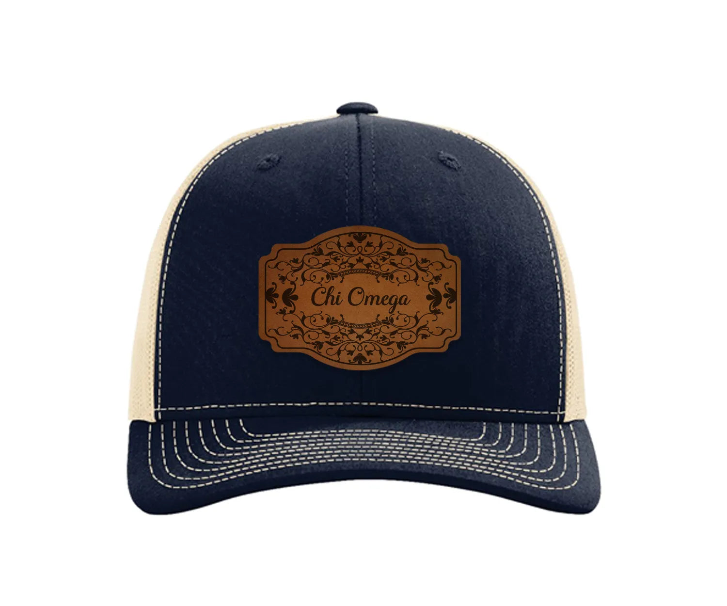 Chi Omega Richardson 112 Leatherette Patch Trucker Hat - Scroll Navy Khaki Trucker Hat