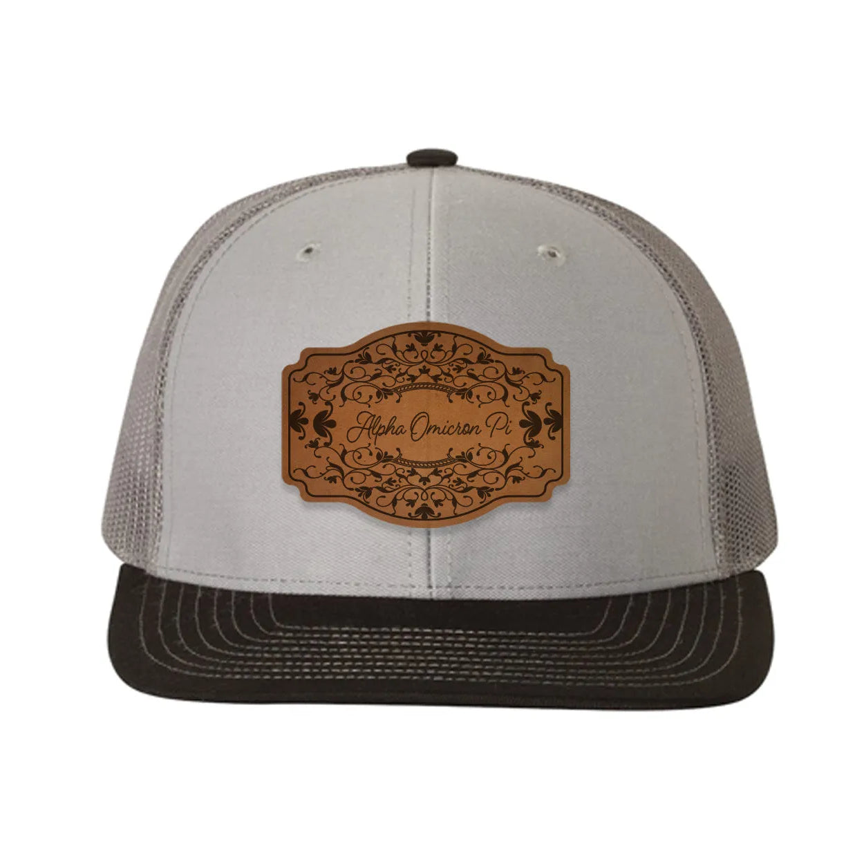 Alpha Omicron Pi Richardson 112 Leatherette Patch Trucker Hat - Scroll Gray Charcoal Black Trucker Hat