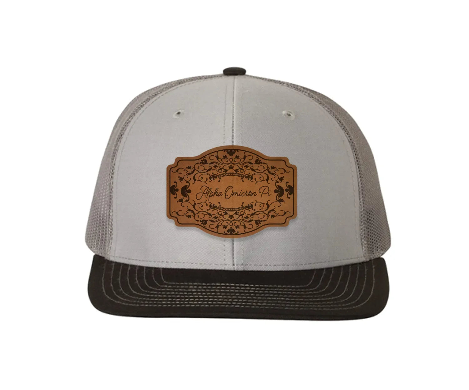 Alpha Omicron Pi Richardson 112 Leatherette Patch Trucker Hat - Scroll Gray Charcoal Black Trucker Hat