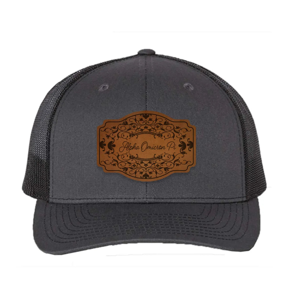 Alpha Omicron Pi Richardson 112 Leatherette Patch Trucker Hat - Scroll Charcoal Black Trucker Hat