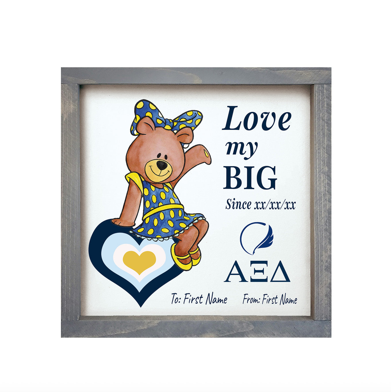 Personalized Alpha Xi Delta 12x12 Love My Big Little Wood Framed Sign
