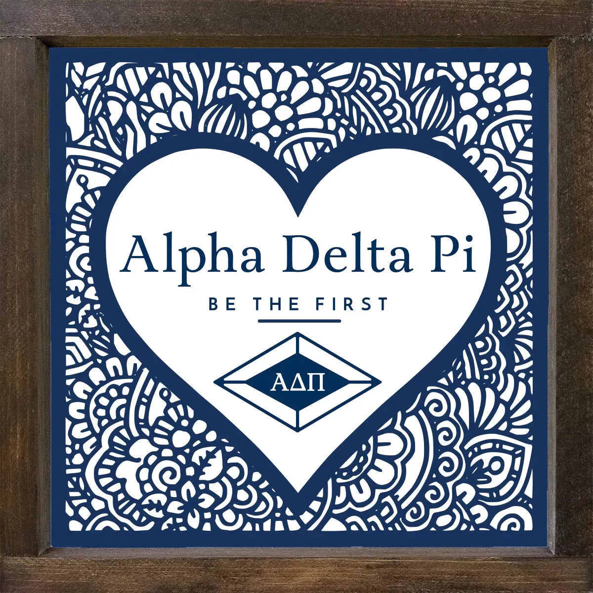 Alpha Delta Pi 12x12 Wood Framed Sign - Mandala Heart Walnut Stain Wall Art & Signs