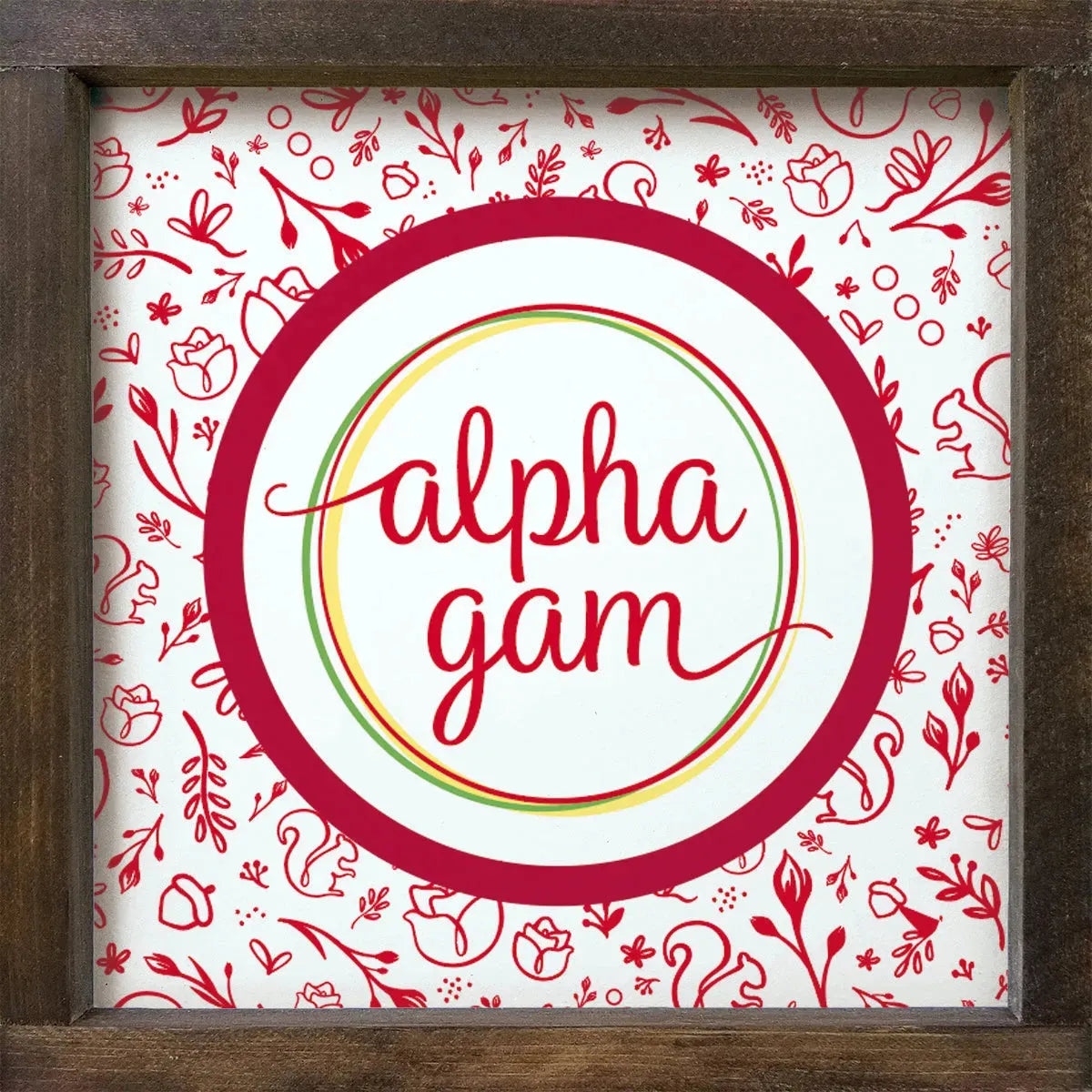 Alpha Gam 12x12 Wood Framed Sign - Combo Pattern Walnut Stain Wall Art & Signs