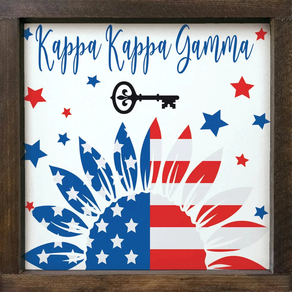 Kappa Kappa Gamma Sunflower American Flag Framed Wood Sign - 12"x12" Walnut Stain Wall Art & Signs