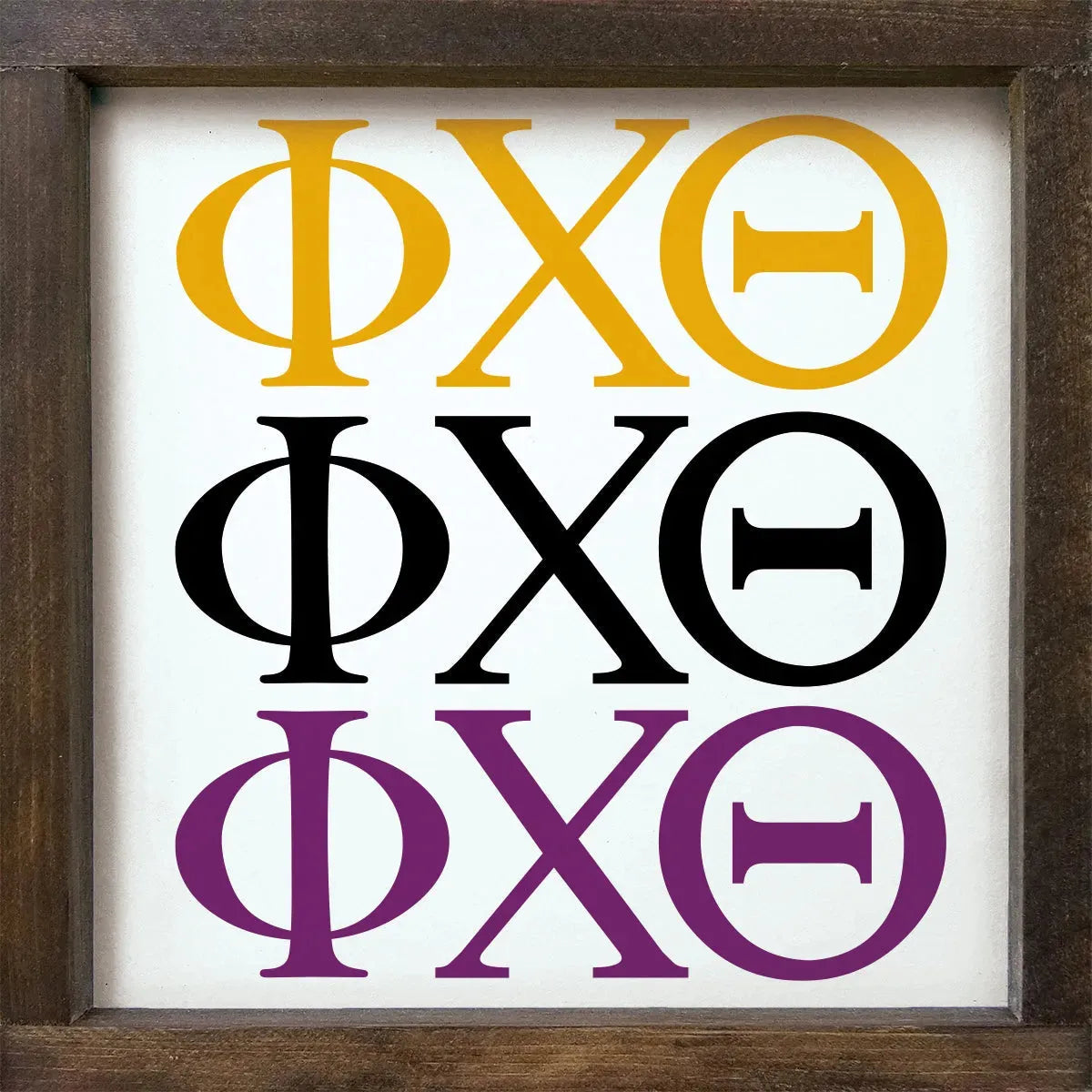 Phi Chi Theta 12x12 Wood Framed Sign - Greek Letters Walnut Stain Wall Art & Signs
