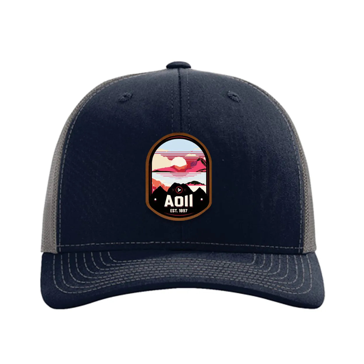Alpha Omicron Pi Richardson 112 UV Print Leatherette Patch Trucker Hat - Ventura Navy Charcoal Trucker Hat