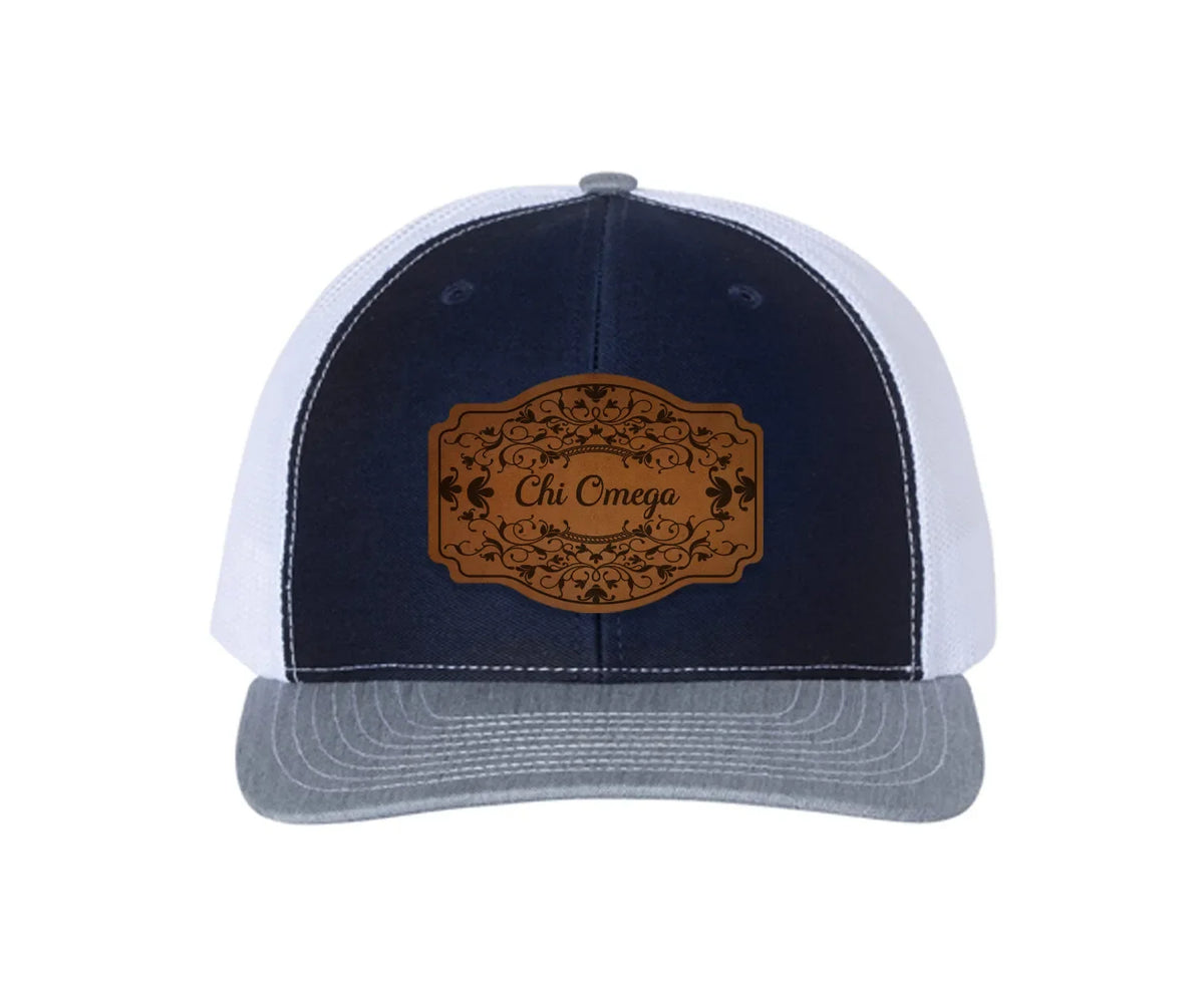 Chi Omega Richardson 112 Leatherette Patch Trucker Hat - Scroll Navy White Heather Gray Trucker Hat