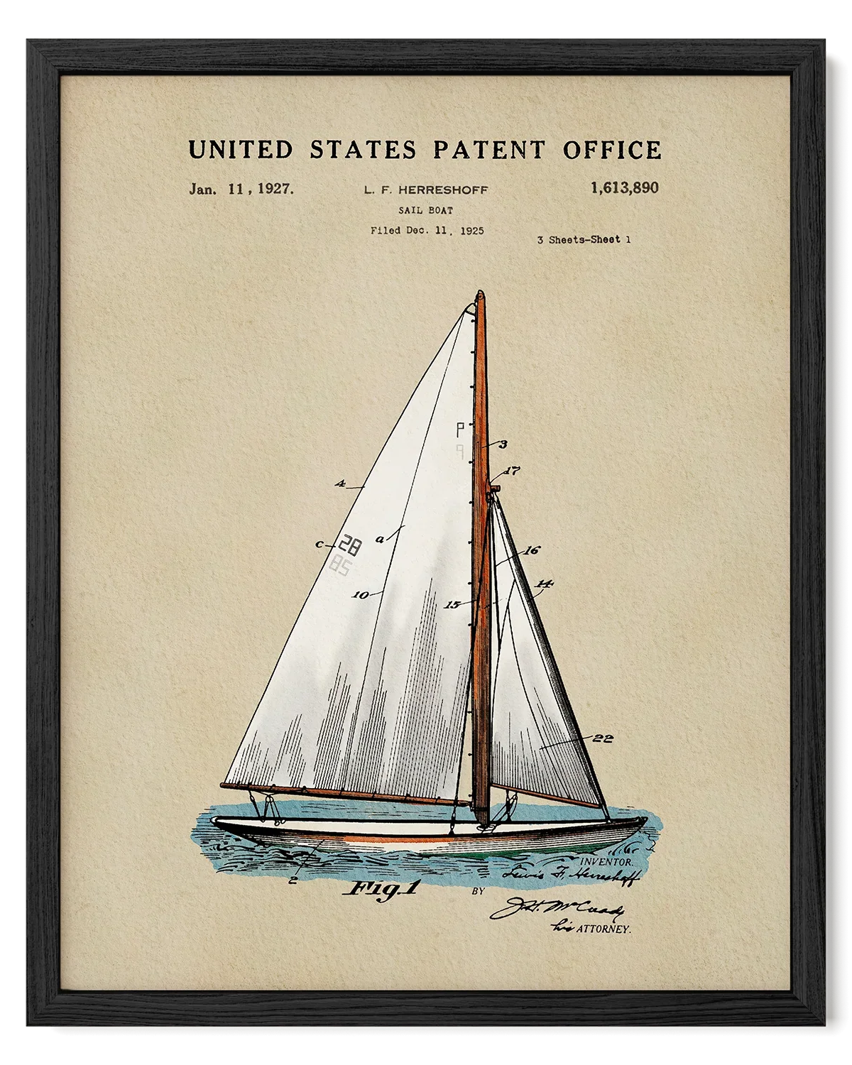 Herreshoff Sailboat US Patent Art Print | Nautical Coastal Dorm Decor