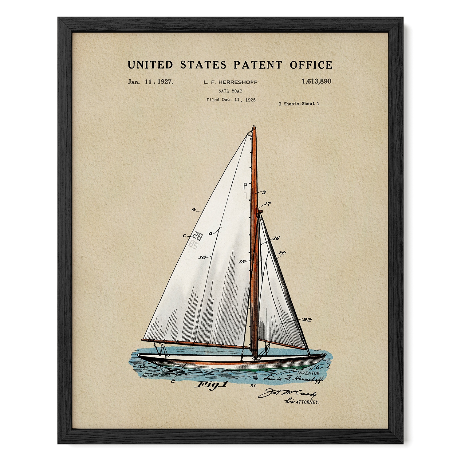 Herreshoff Sailboat US Patent Art Print | Nautical Coastal Dorm Decor