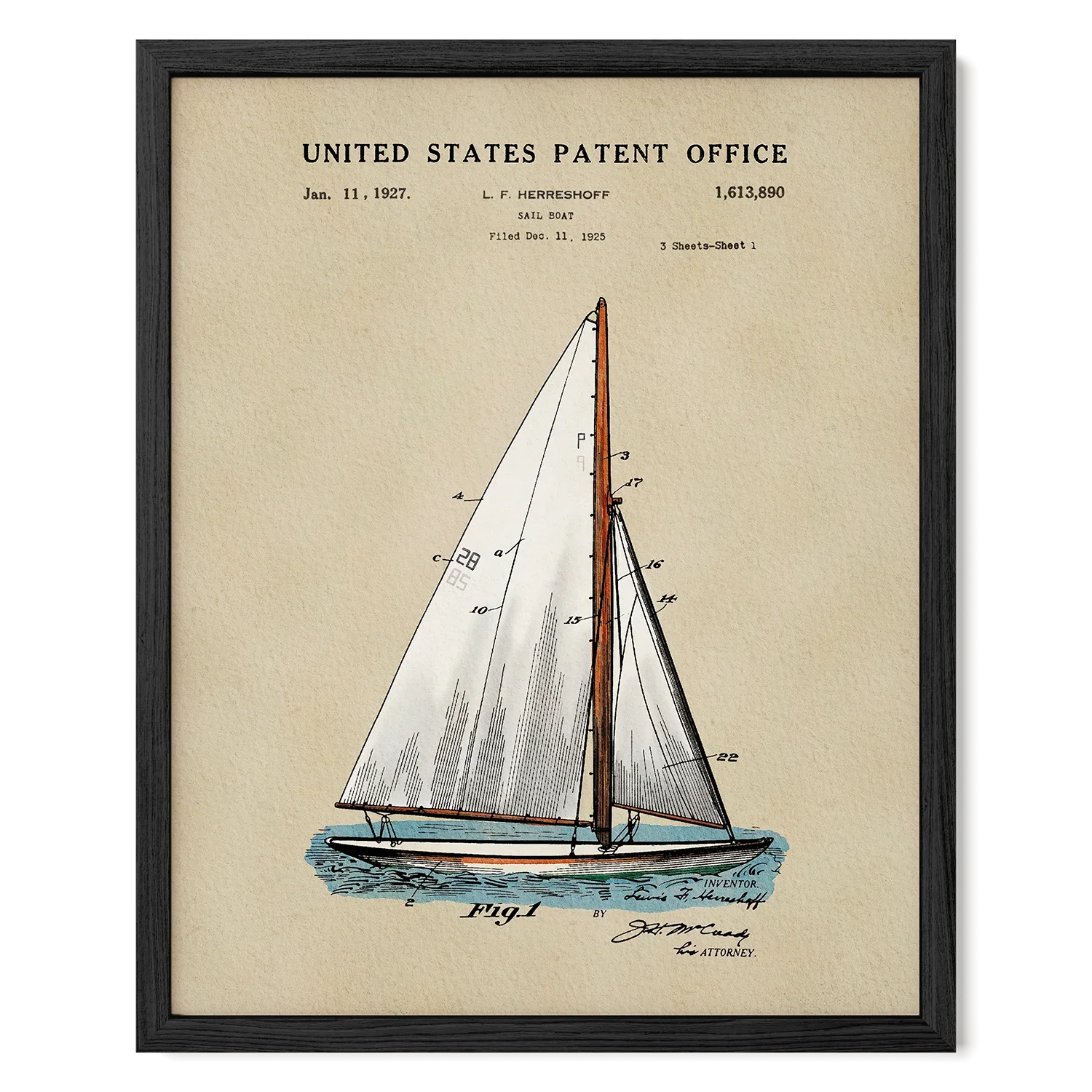 Herreshoff Sailboat US Patent Art Print | Nautical Coastal Dorm Decor