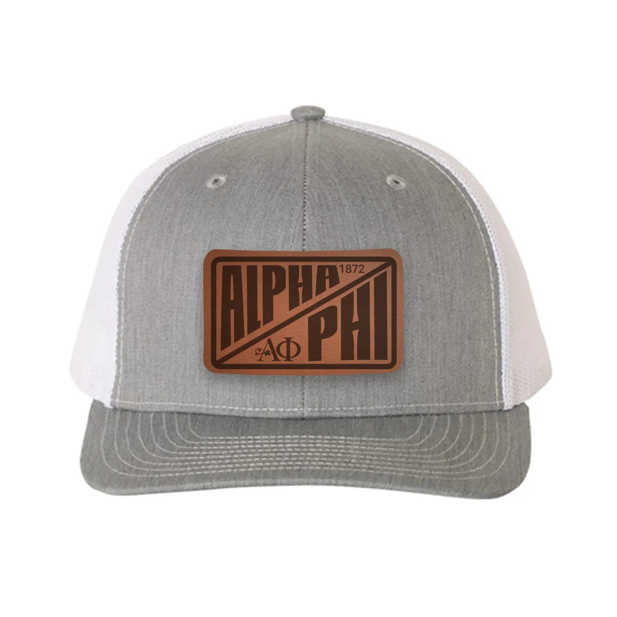 Alpha Phi Richardson 112 Leatherette Patch Trucker Hat - Divide Heather Gray White Trucker Hat