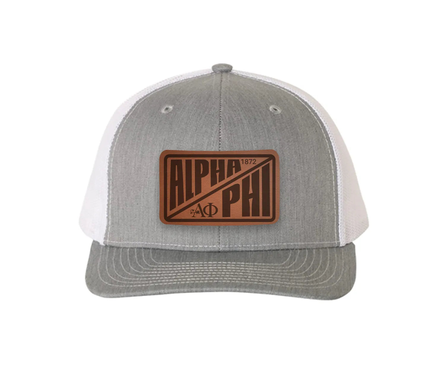 Alpha Phi Richardson 112 Leatherette Patch Trucker Hat - Divide Heather Gray White Trucker Hat