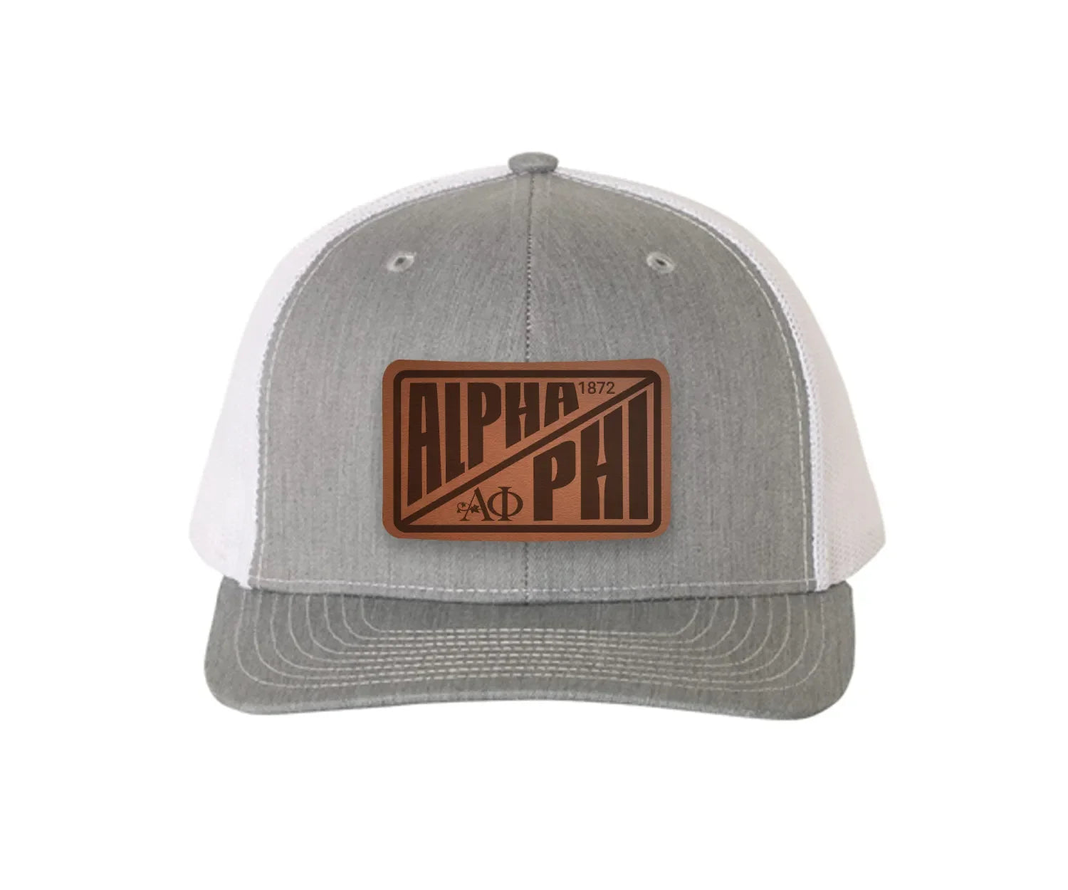 Alpha Phi Richardson 112 Leatherette Patch Trucker Hat - Divide Heather Gray White Trucker Hat