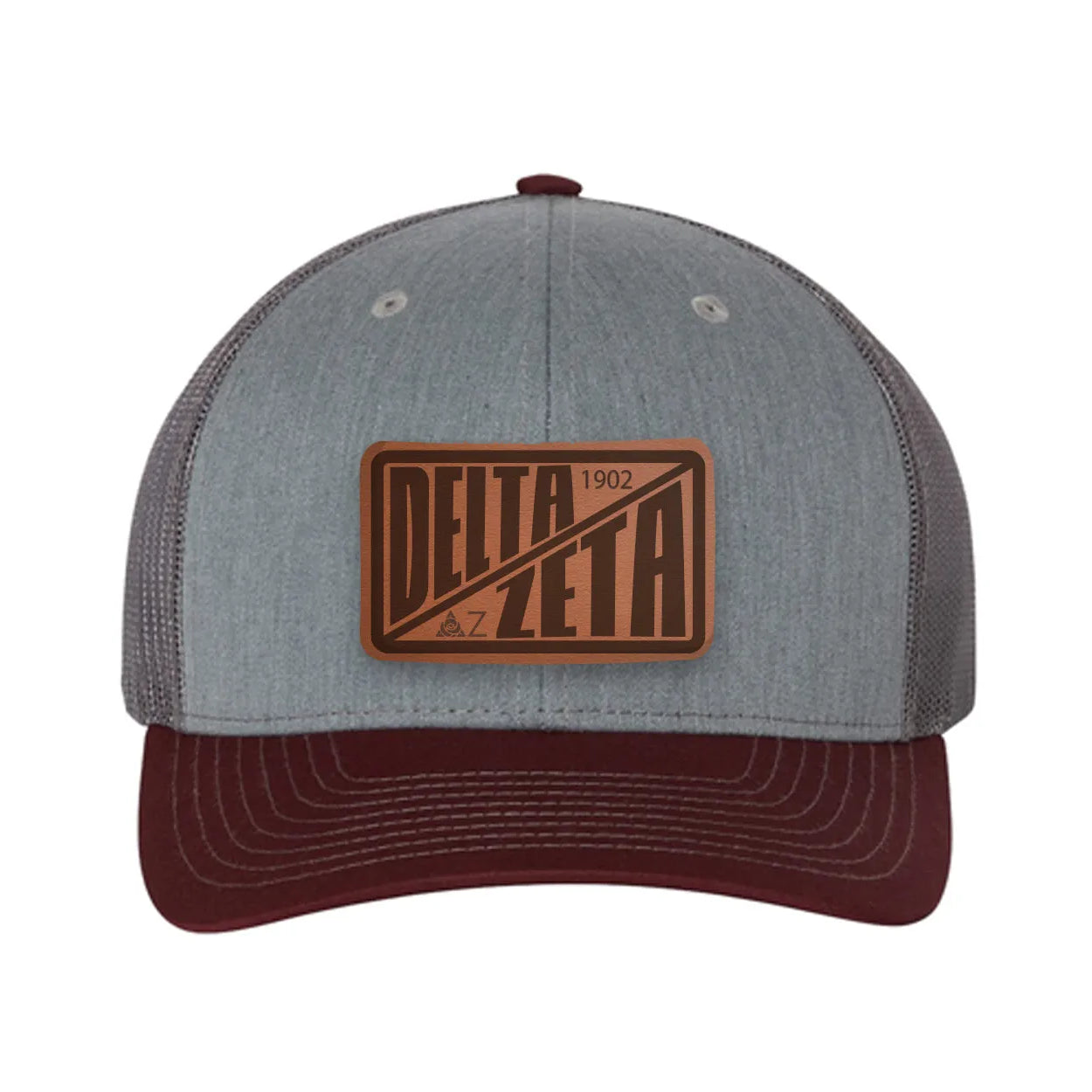 Delta Zeta Richardson 112 Leatherette Patch Trucker Hat - Divide Heather Gray Charcoal Maroon Trucker Hat