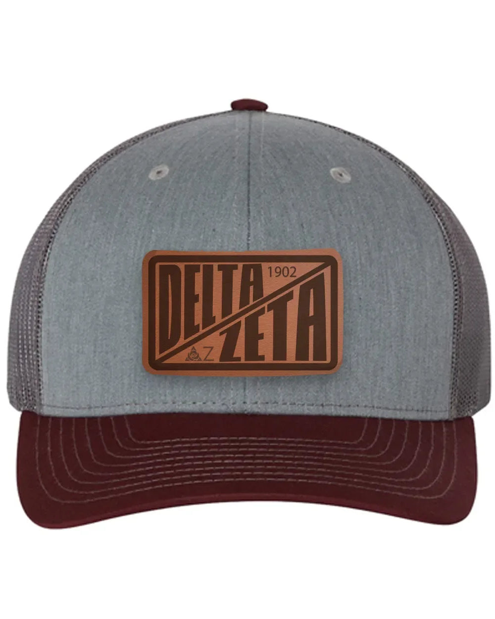 Delta Zeta Richardson 112 Leatherette Patch Trucker Hat - Divide Heather Gray Charcoal Maroon Trucker Hat