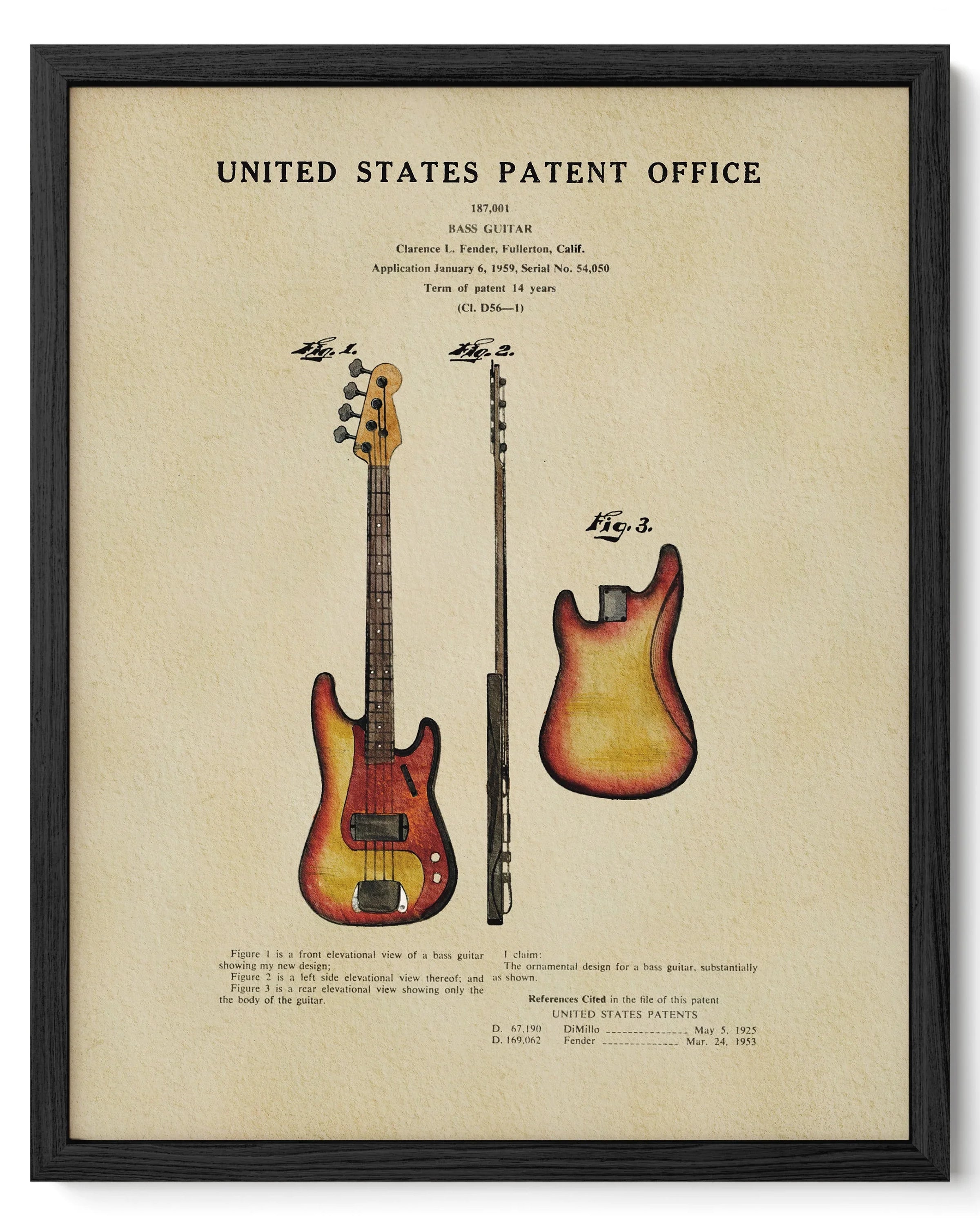 Fender Bass Guitar US Patent Art Print | Music-Themed Dorm Decor