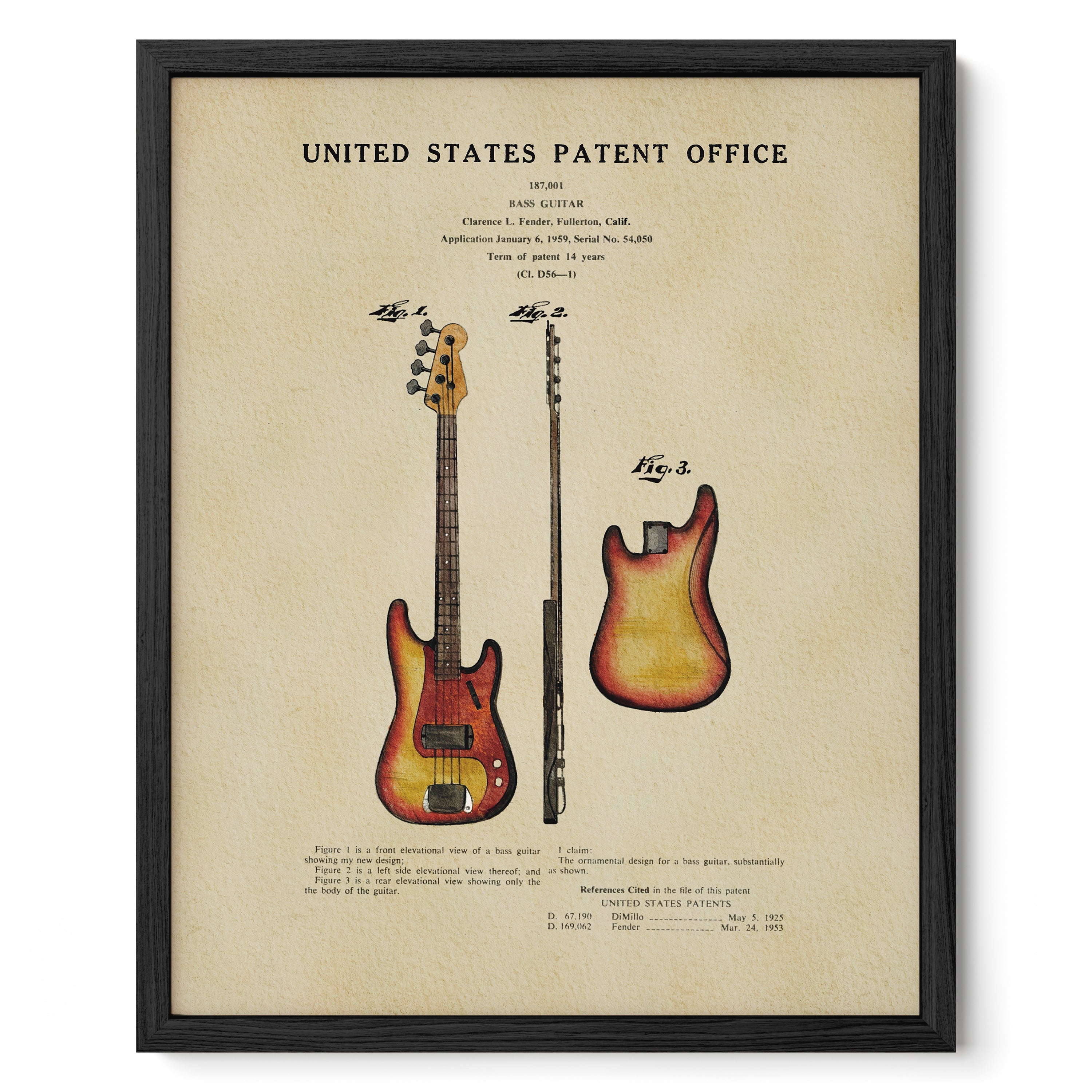 Fender Bass Guitar US Patent Art Print | Music-Themed Dorm Decor