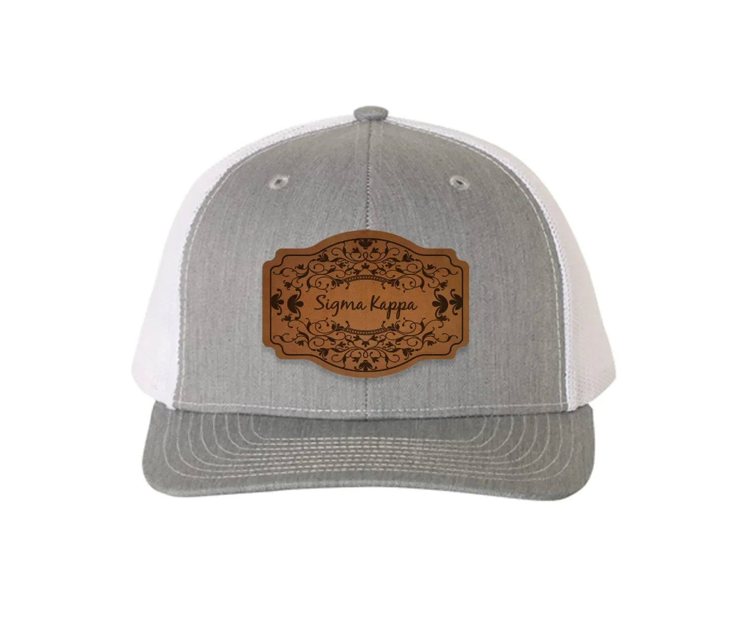 Sigma Kappa Richardson 112 Leatherette Patch Trucker Hat - Scroll Heather Gray White Trucker Hat