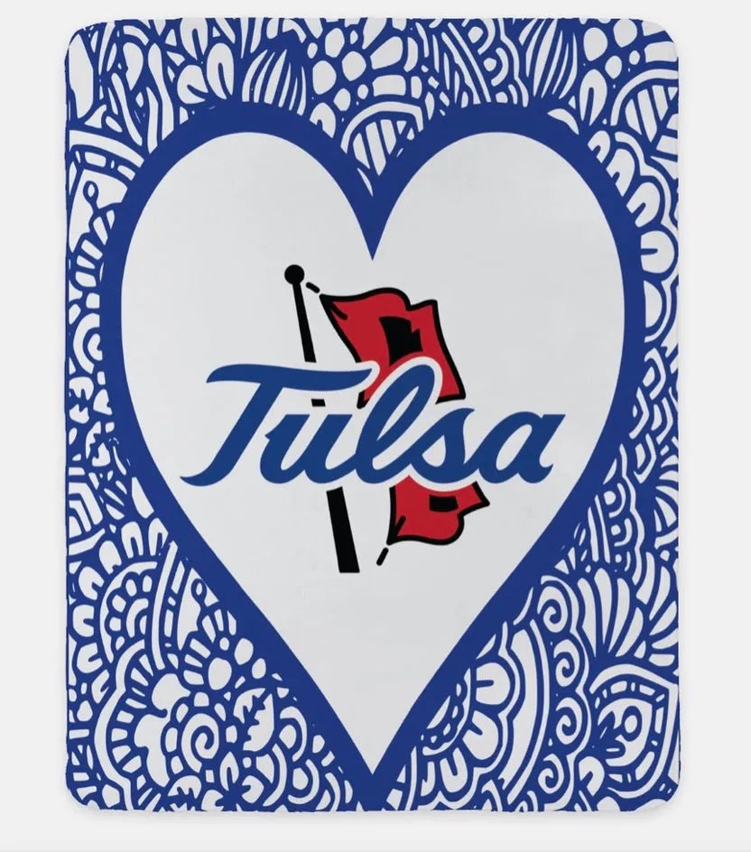 University of Tulsa XL 60x80 Sherpa Blanket - Mandala Heart Blue Throw Blankets
