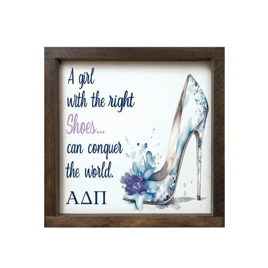 Alpha Delta Pi 12x12 Wood Framed Sign - The Right Shoes Walnut Stain Wall Art & Signs