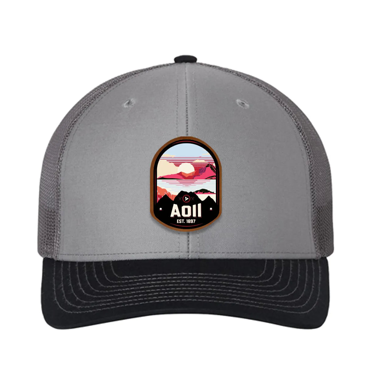 Alpha Omicron Pi Richardson 112 UV Print Leatherette Patch Trucker Hat - Ventura Gray Charcoal Navy Trucker Hat