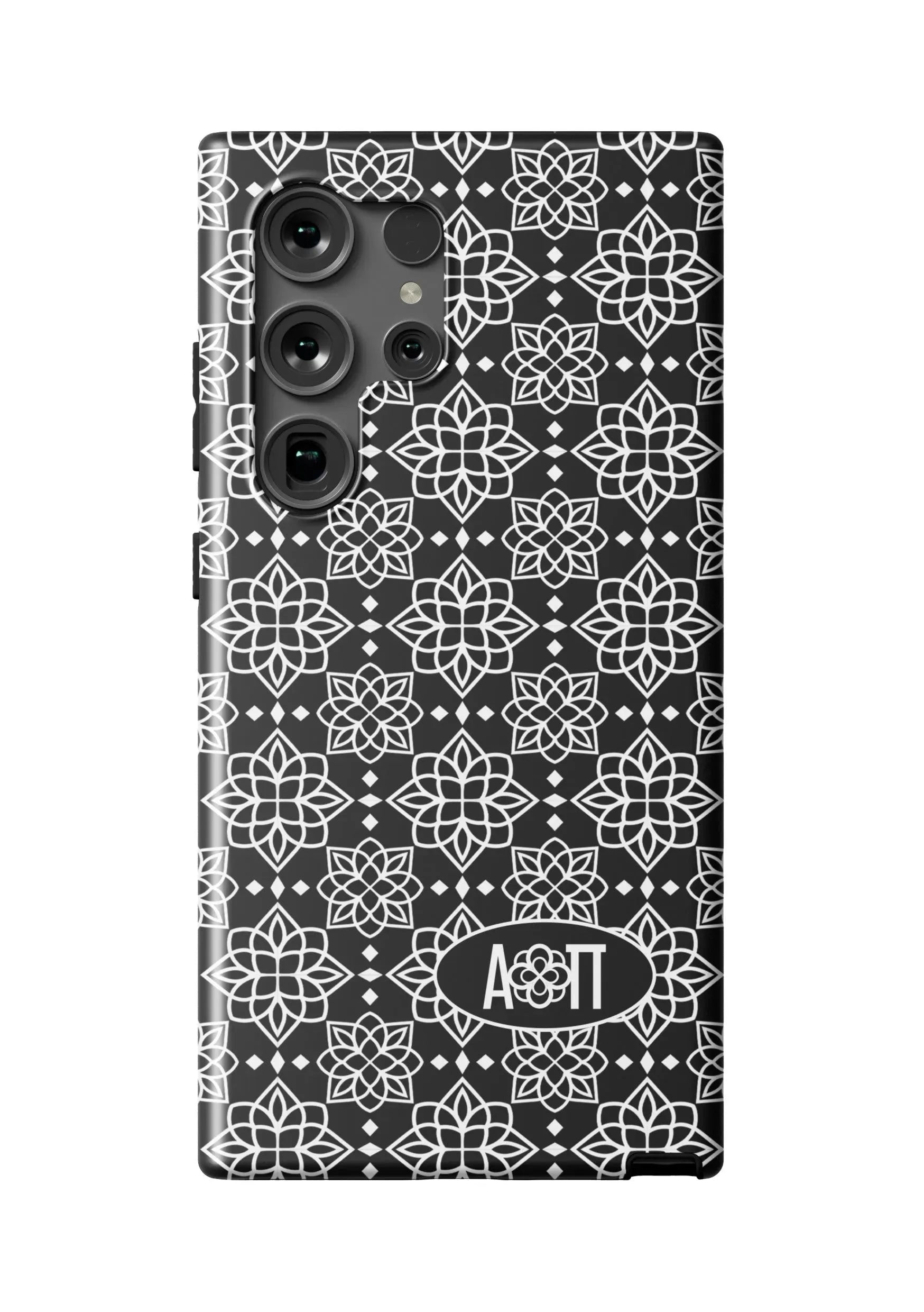 Alpha Omicron Pi Samsung Galaxy 24, 23 Mobile Phone Case - Black Ornate Matte Mobile Phone Cases