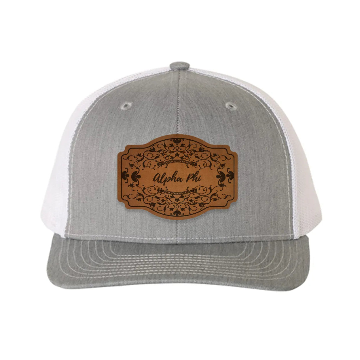 Alpha Phi Richardson 112 Leatherette Patch Trucker Hat - Scroll Heather Gray White Trucker Hat