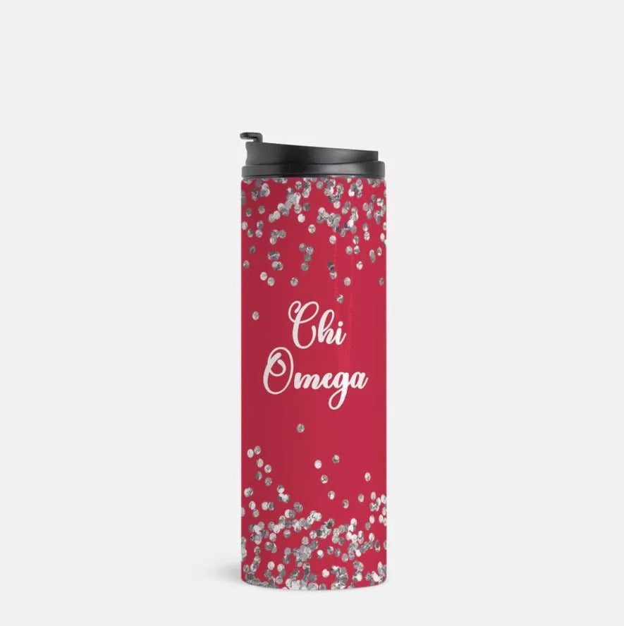 Chi Omega Thermal Tumbler 16 oz. - Glitter Cardinal Drinkware