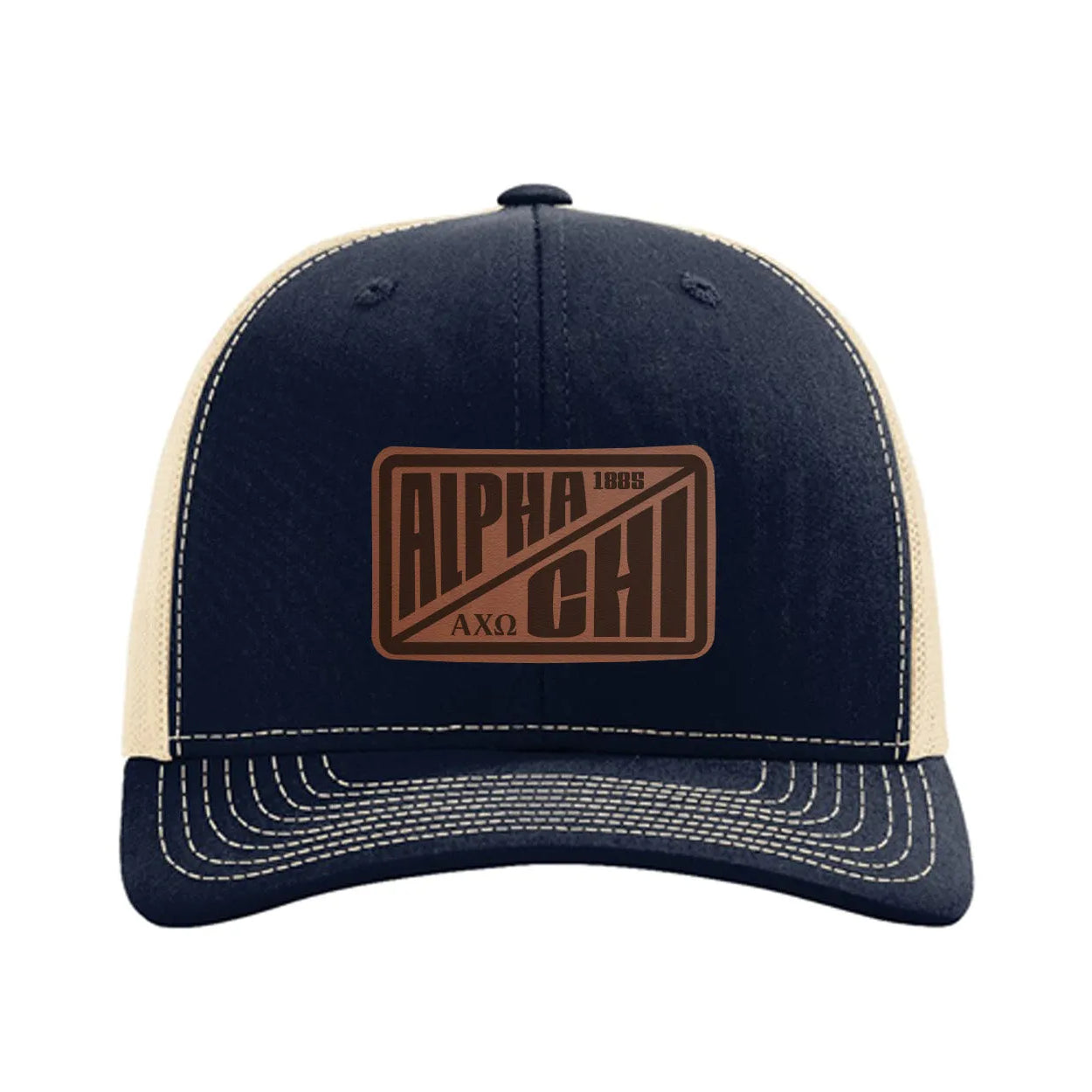Alpha Chi Omega Richardson 112 Leatherette Patch Trucker Hat - Divide Navy Khaki Trucker Hat