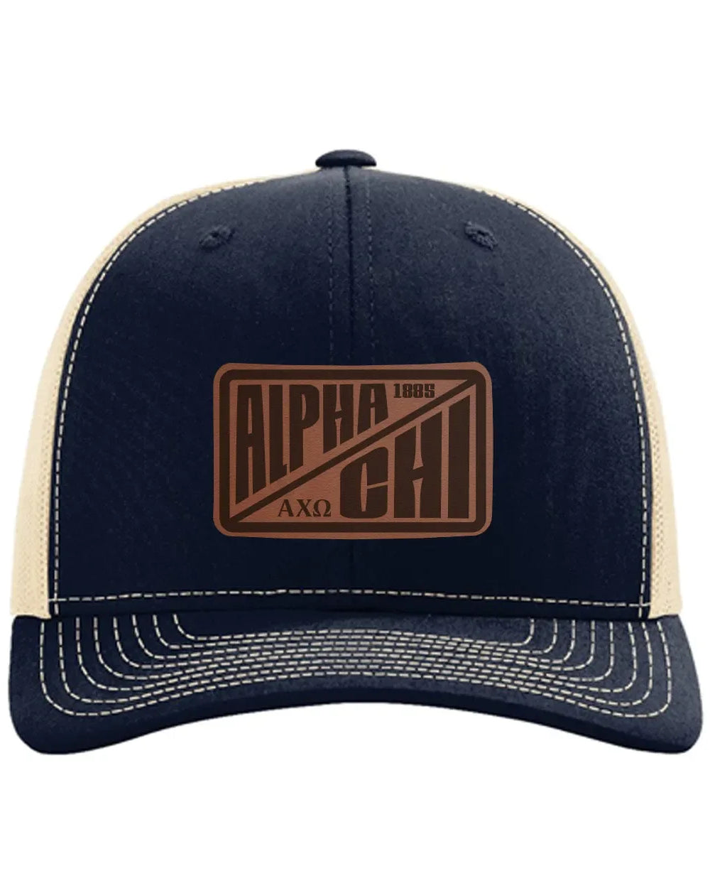Alpha Chi Omega Richardson 112 Leatherette Patch Trucker Hat - Divide Navy Khaki Trucker Hat