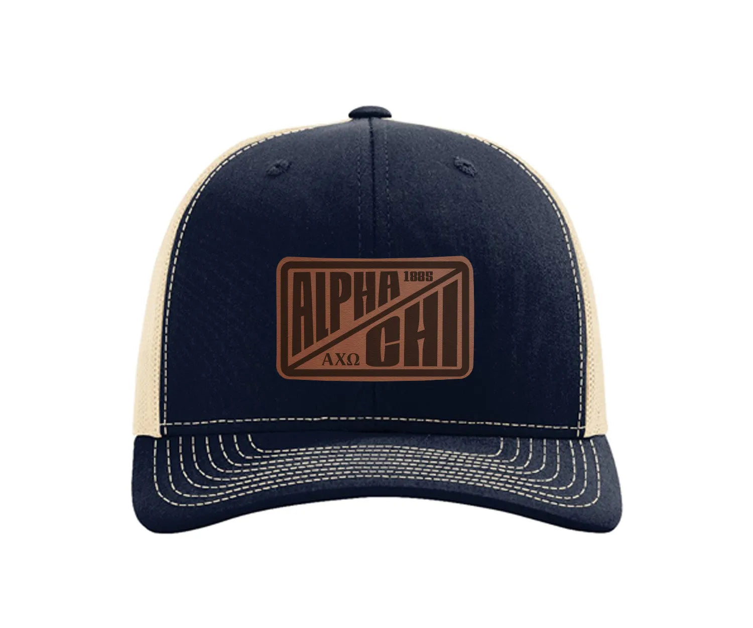 Alpha Chi Omega Richardson 112 Leatherette Patch Trucker Hat - Divide Navy Khaki Trucker Hat
