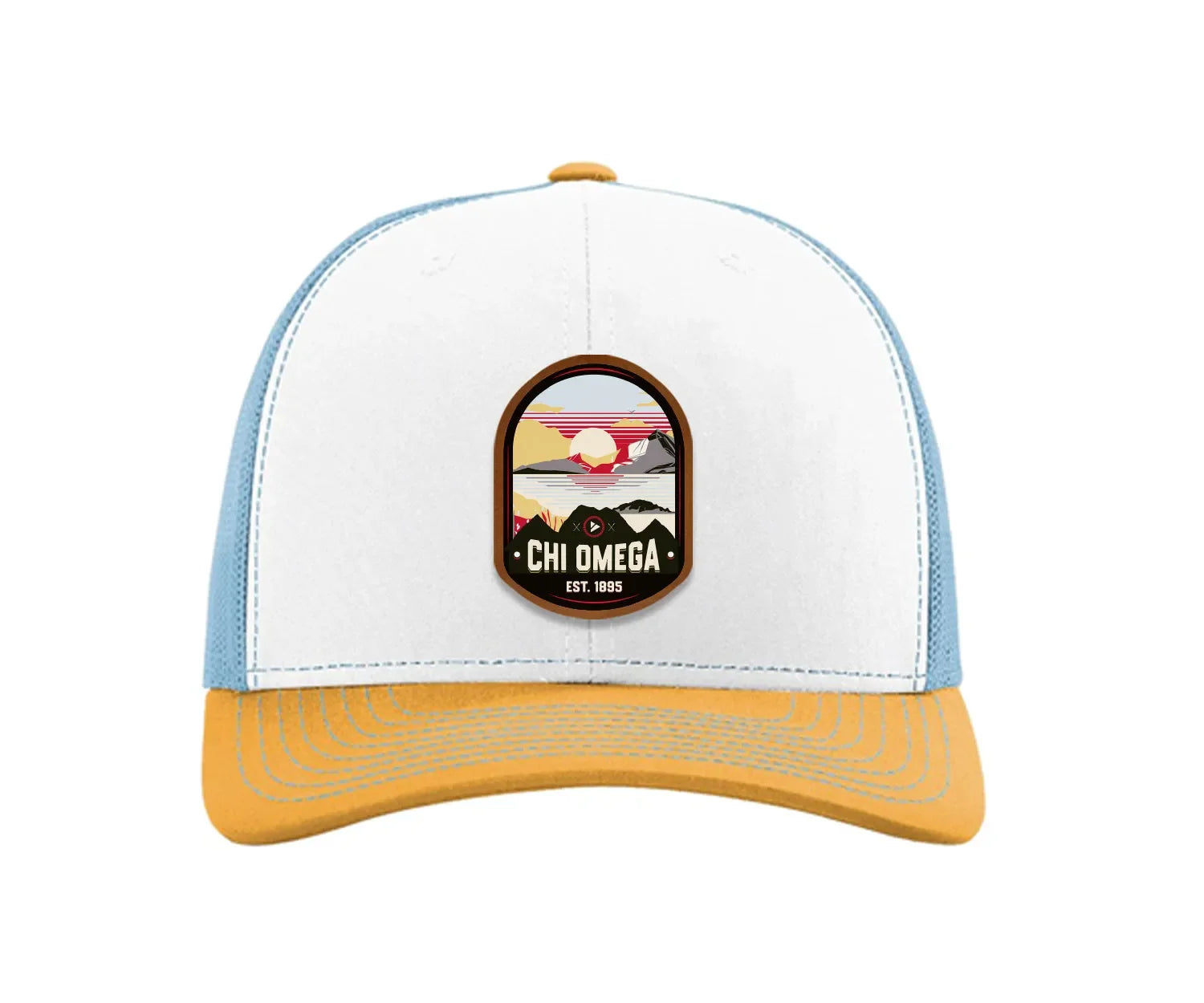 Chi Omega Richardson 112 UV Print Leatherette Patch Trucker Hat - Ventura White Blue Yellow Trucker Hat