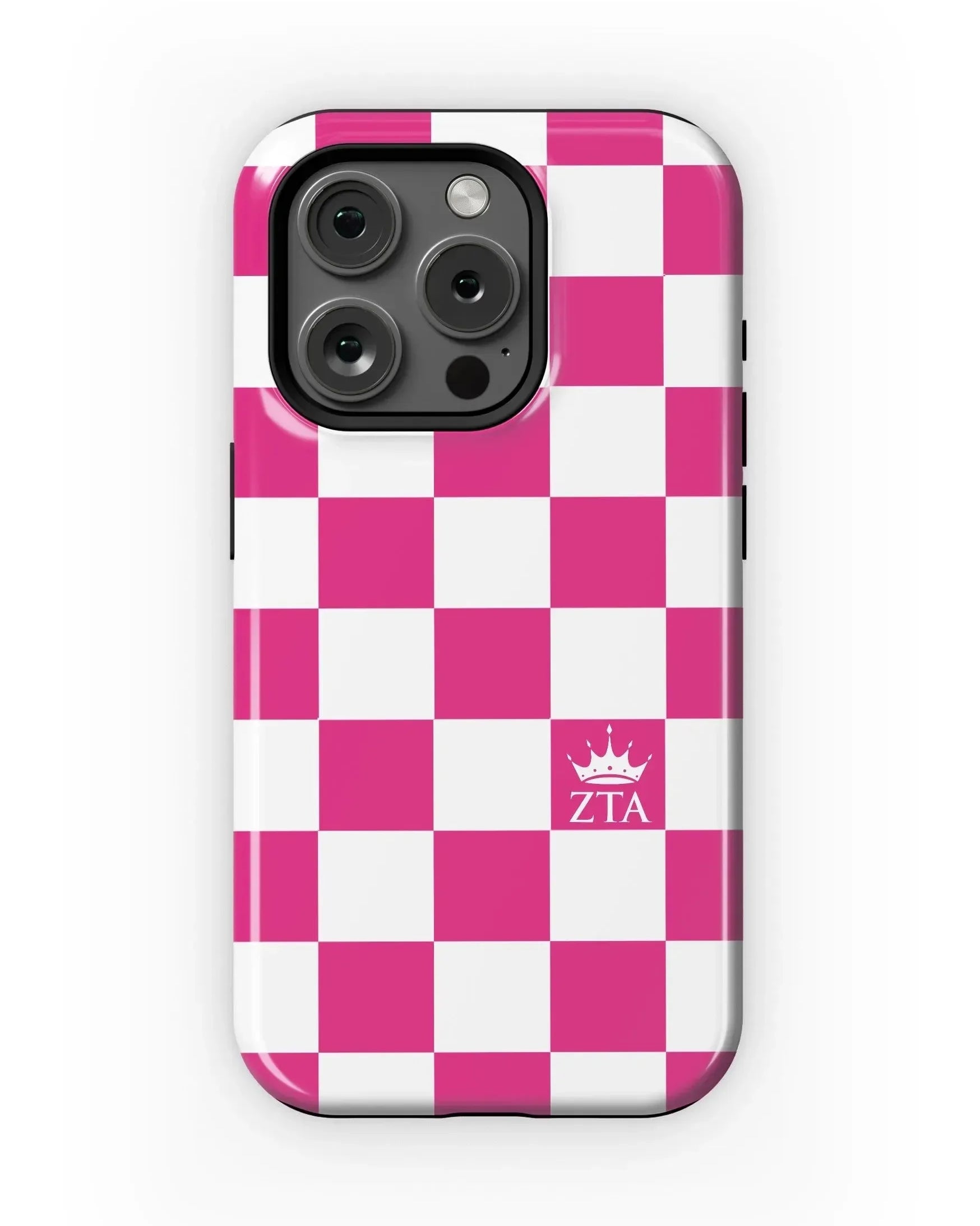 Zeta Tau Alpha iPhone 15, 14, 13 Mobile Phone Case - Pink Check Gloss Mobile Phone Cases