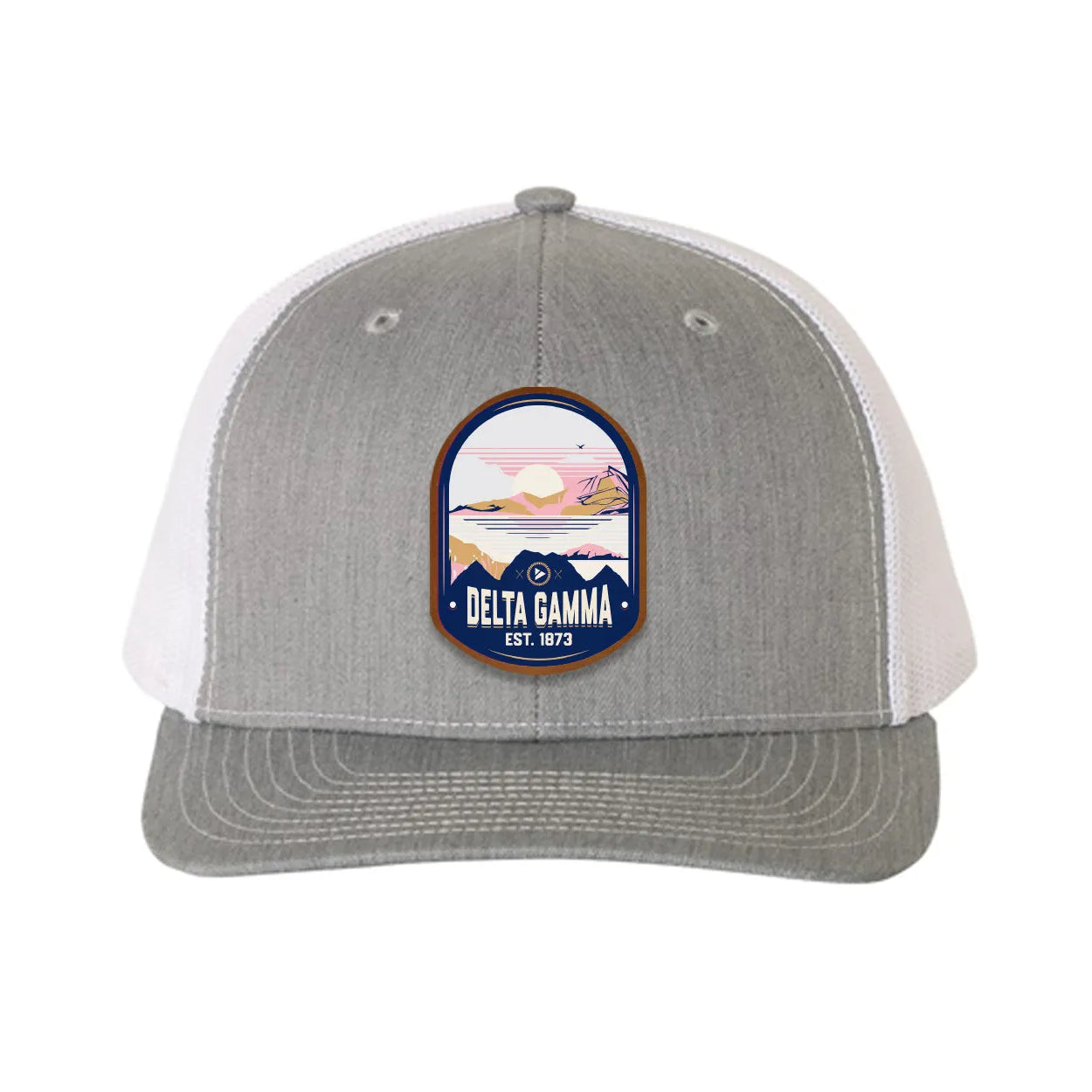 Delta Gamma Richardson 112 UV Print Leatherette Patch Trucker Hat - Ventura Heather Gray White Trucker Hat