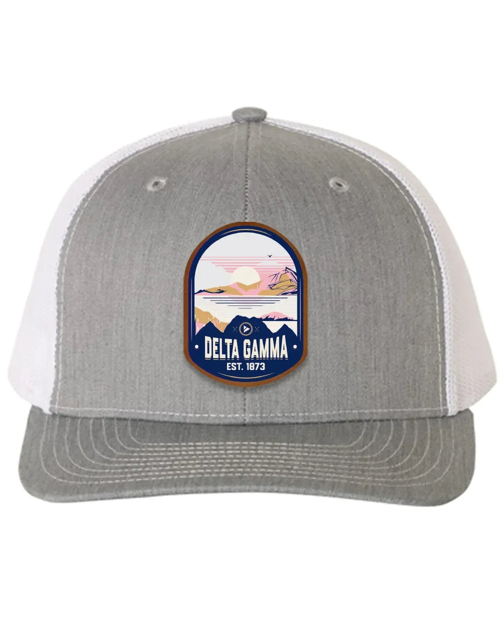 Delta Gamma Richardson 112 UV Print Leatherette Patch Trucker Hat - Ventura Heather Gray White Trucker Hat