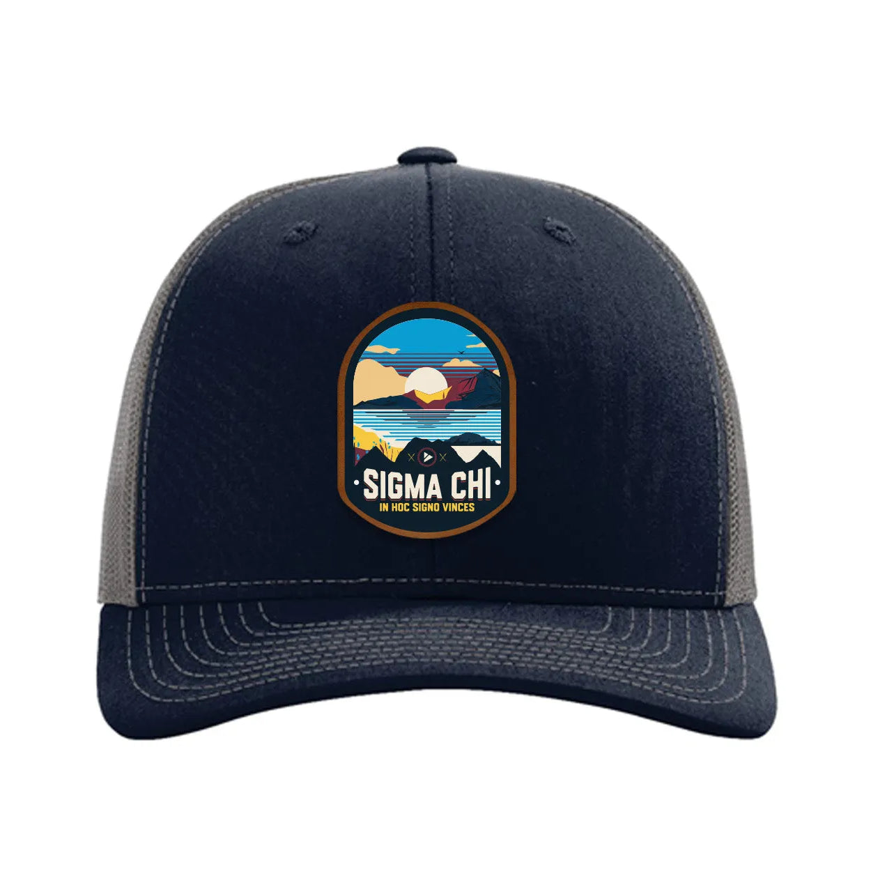Sigma Chi Richardson 112 UV Print Leatherette Patch Trucker Hat - Ventura Navy Charcoal Trucker Hat