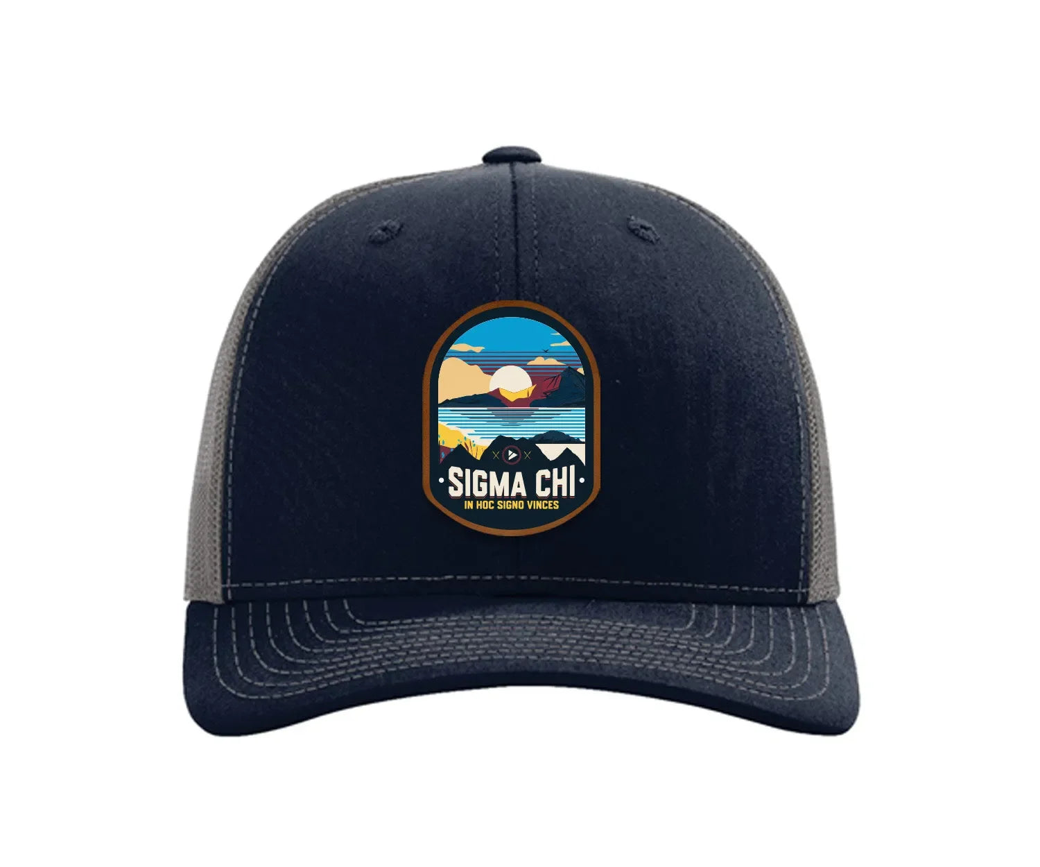 Sigma Chi Richardson 112 UV Print Leatherette Patch Trucker Hat - Ventura Navy Charcoal Trucker Hat