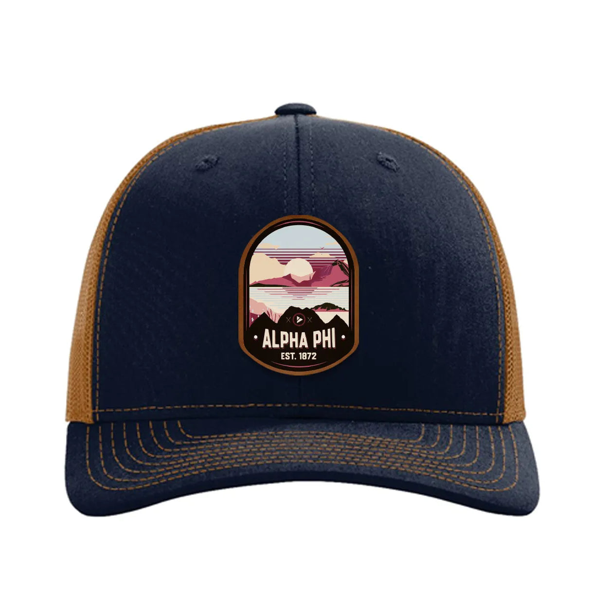 Alpha Phi Richardson 112 UV Print Leatherette Patch Trucker Hat - Ventura Navy Caramel Trucker Hat