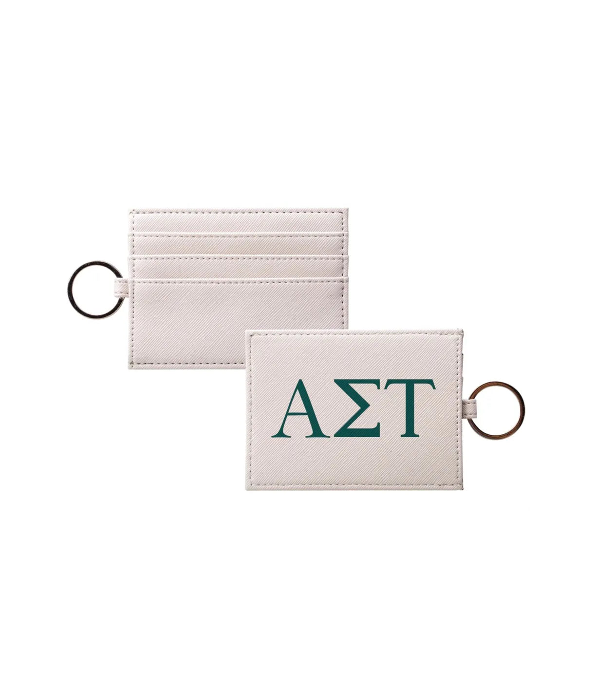 Alpha Sigma Tau Vegan Saffiano Leather Card Holder - Greek Letters Emerald Travel Wallet