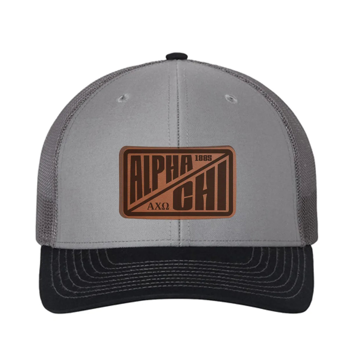 Alpha Chi Omega Richardson 112 Leatherette Patch Trucker Hat - Divide Gray Charcoal Navy Trucker Hat