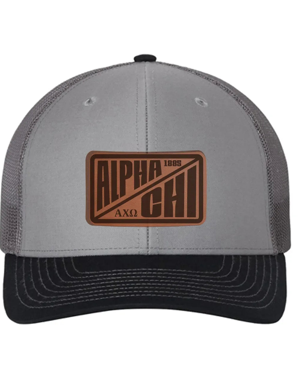 Alpha Chi Omega Richardson 112 Leatherette Patch Trucker Hat - Divide Gray Charcoal Navy Trucker Hat