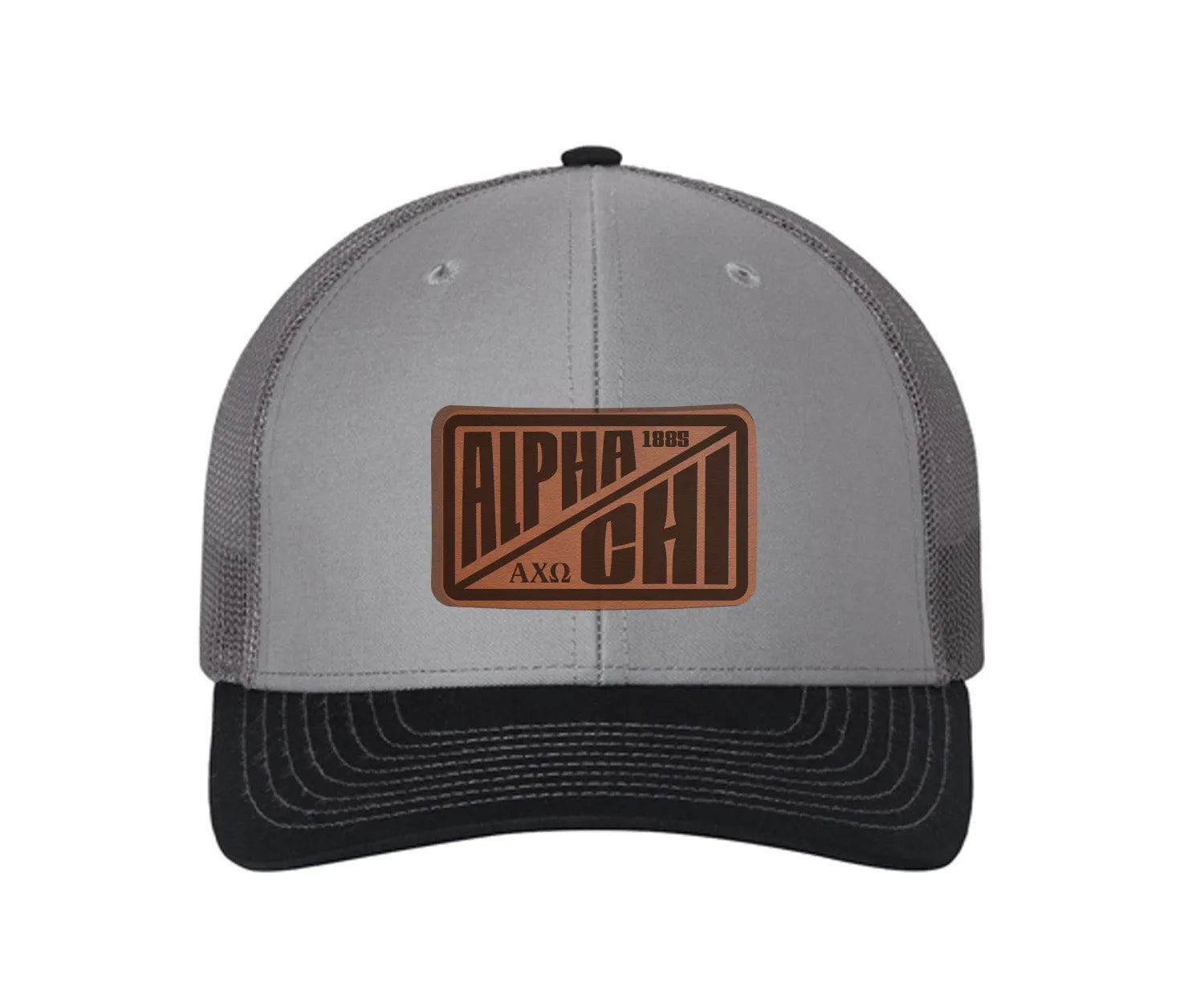 Alpha Chi Omega Richardson 112 Leatherette Patch Trucker Hat - Divide Gray Charcoal Navy Trucker Hat