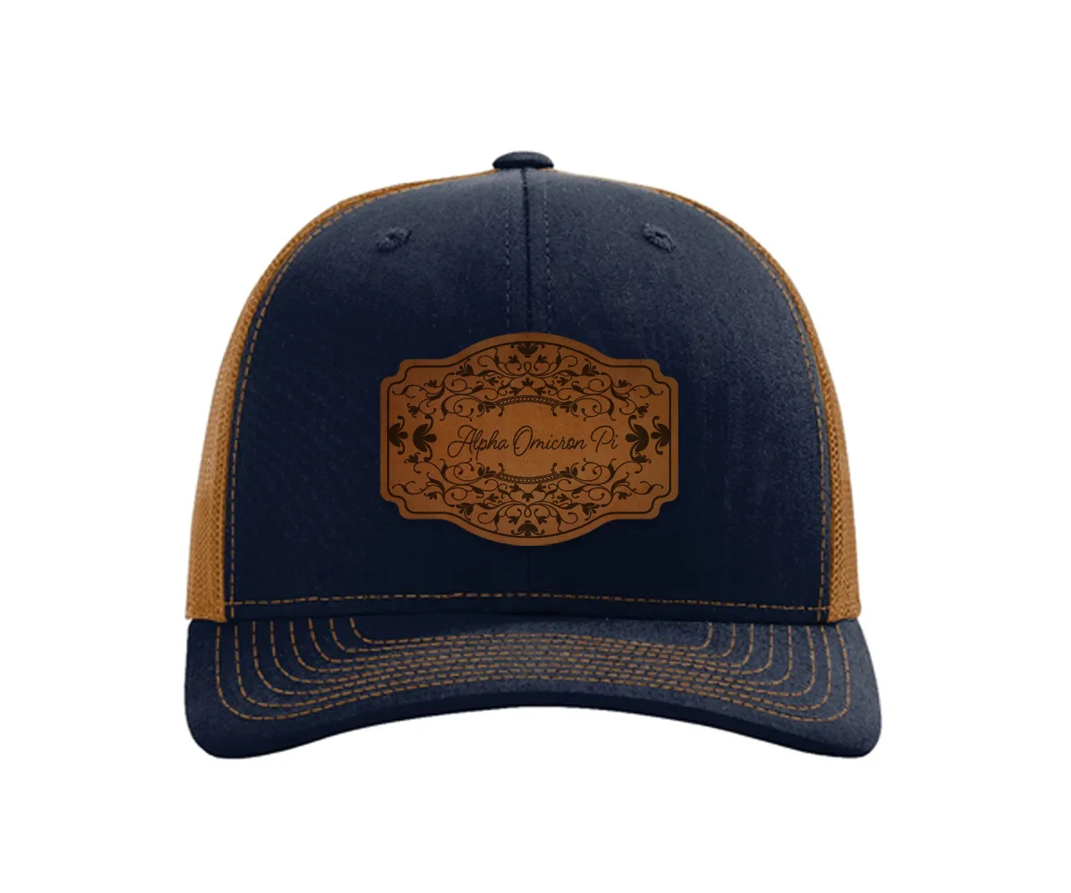Alpha Omicron Pi Richardson 112 Leatherette Patch Trucker Hat - Scroll Navy Caramel Trucker Hat