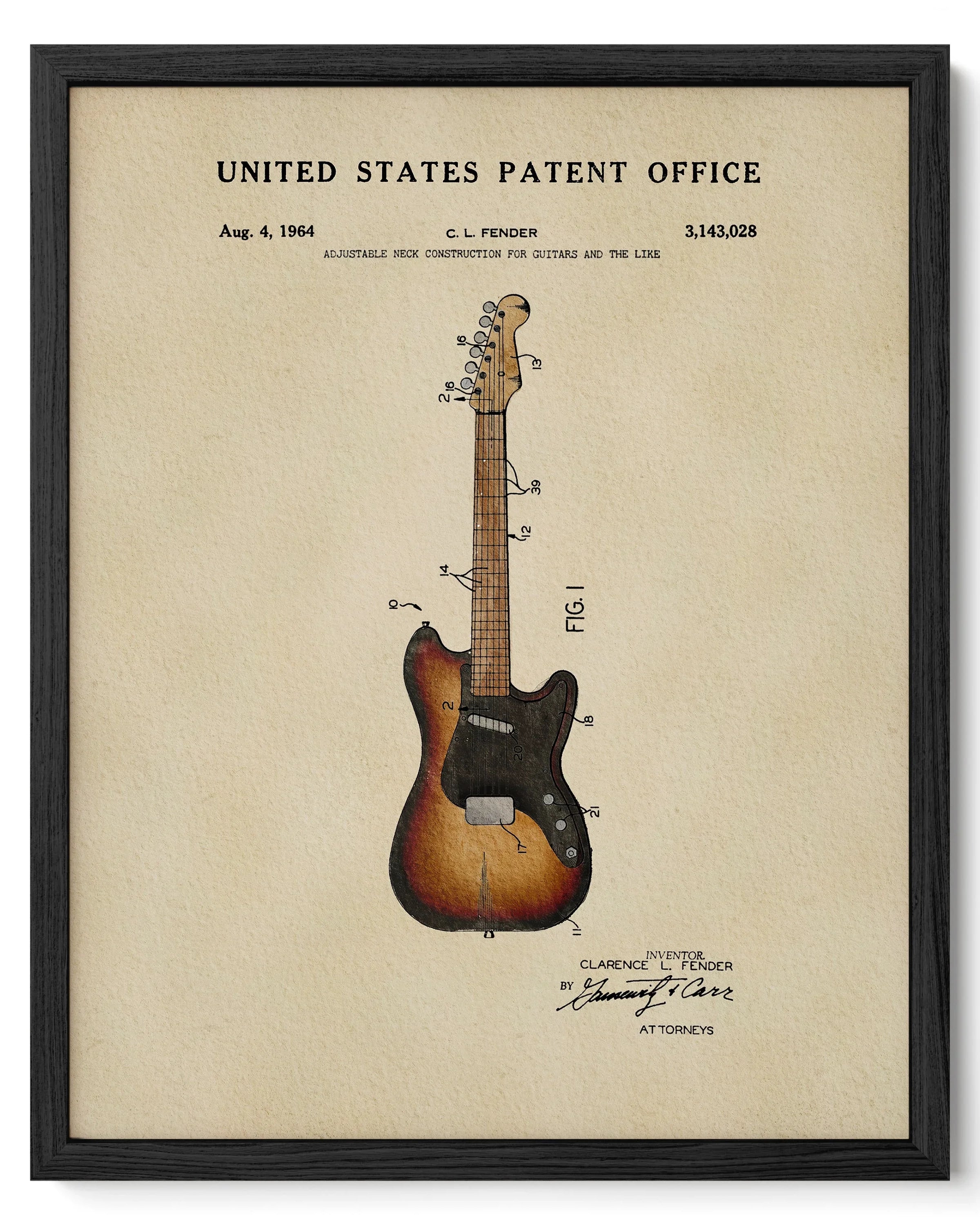 Fender Stratocaster Patent Art Print | Dorm Decor for Music Lovers