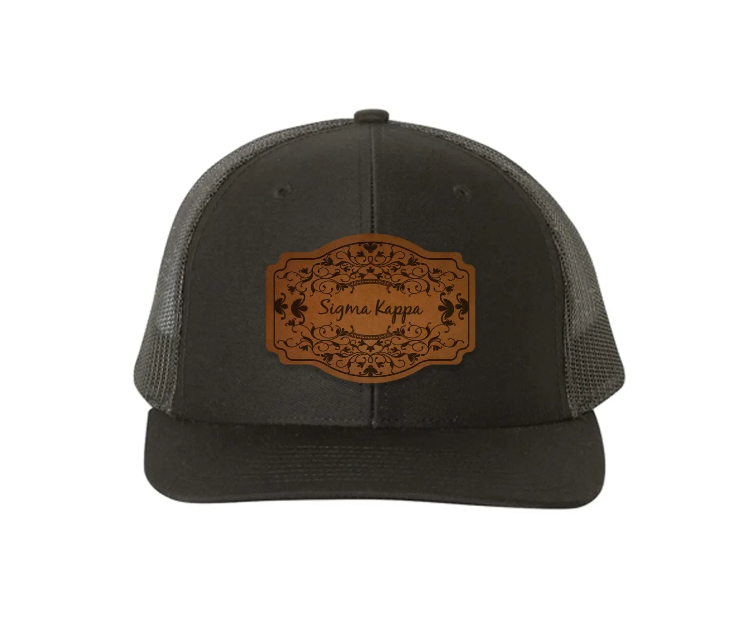 Sigma Kappa Richardson 112 Leatherette Patch Trucker Hat - Scroll Black Black Trucker Hat