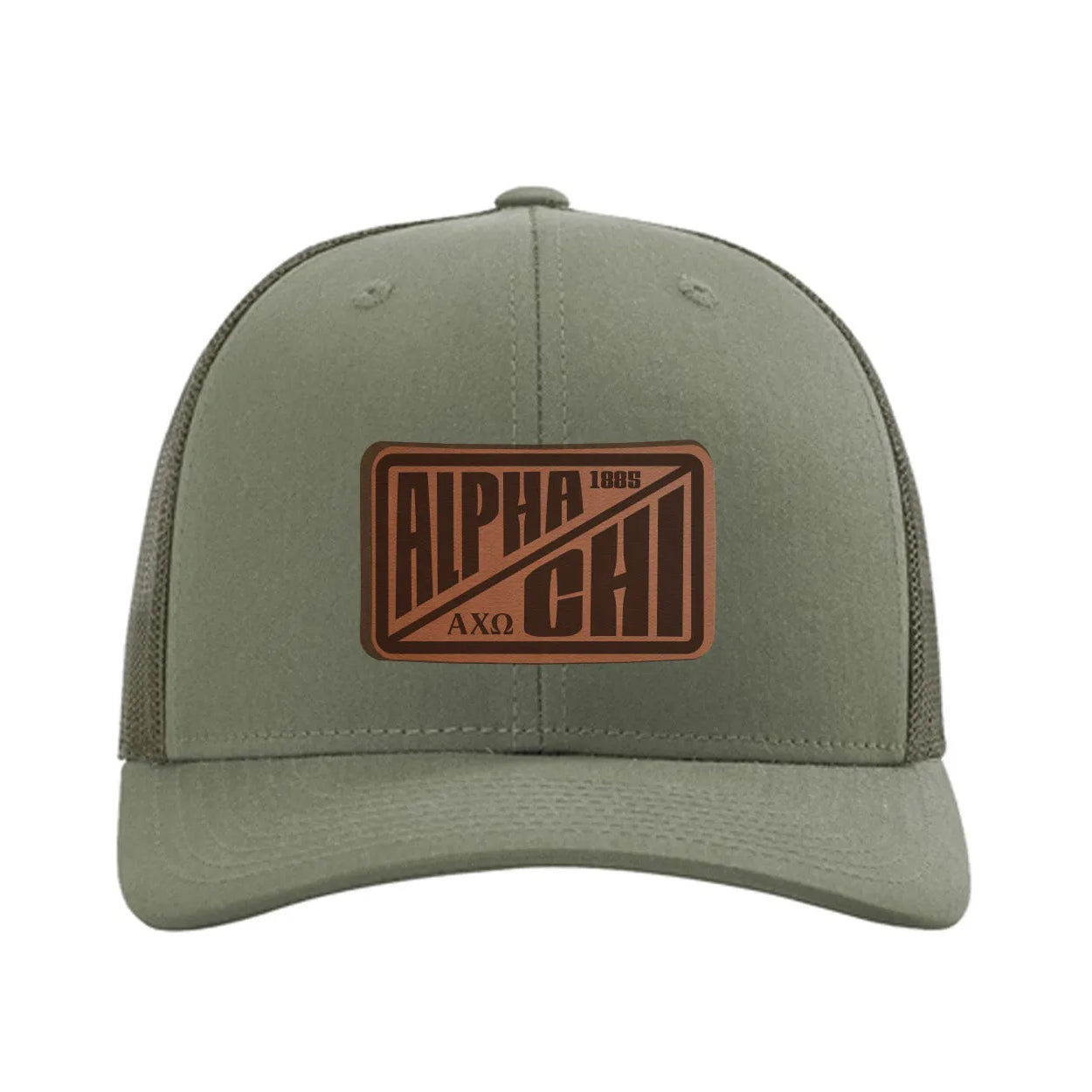 Alpha Chi Omega Richardson 112 Leatherette Patch Trucker Hat - Divide Loden Trucker Hat